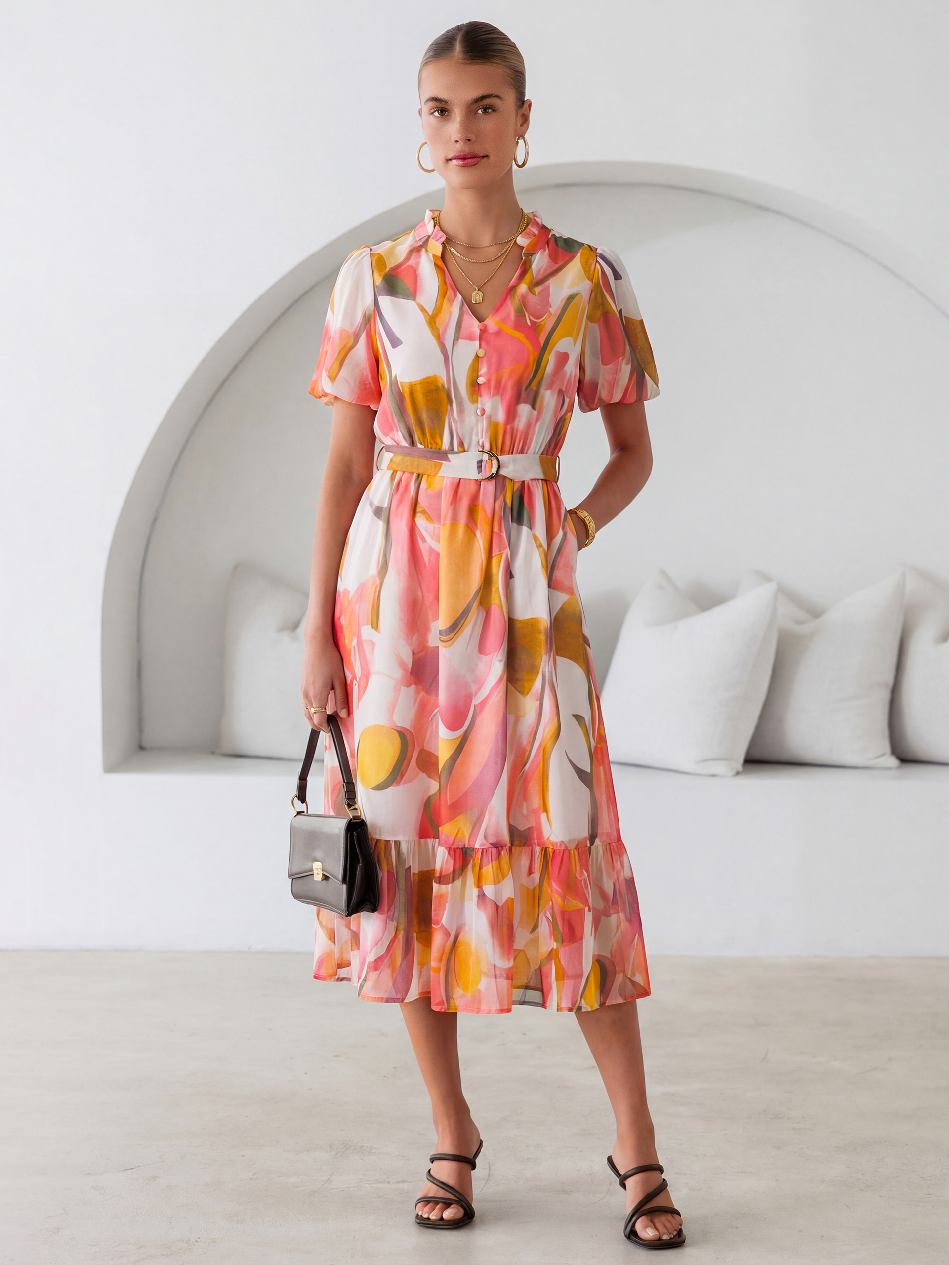 Floral V Neck Belted Tiered Maxi Dress