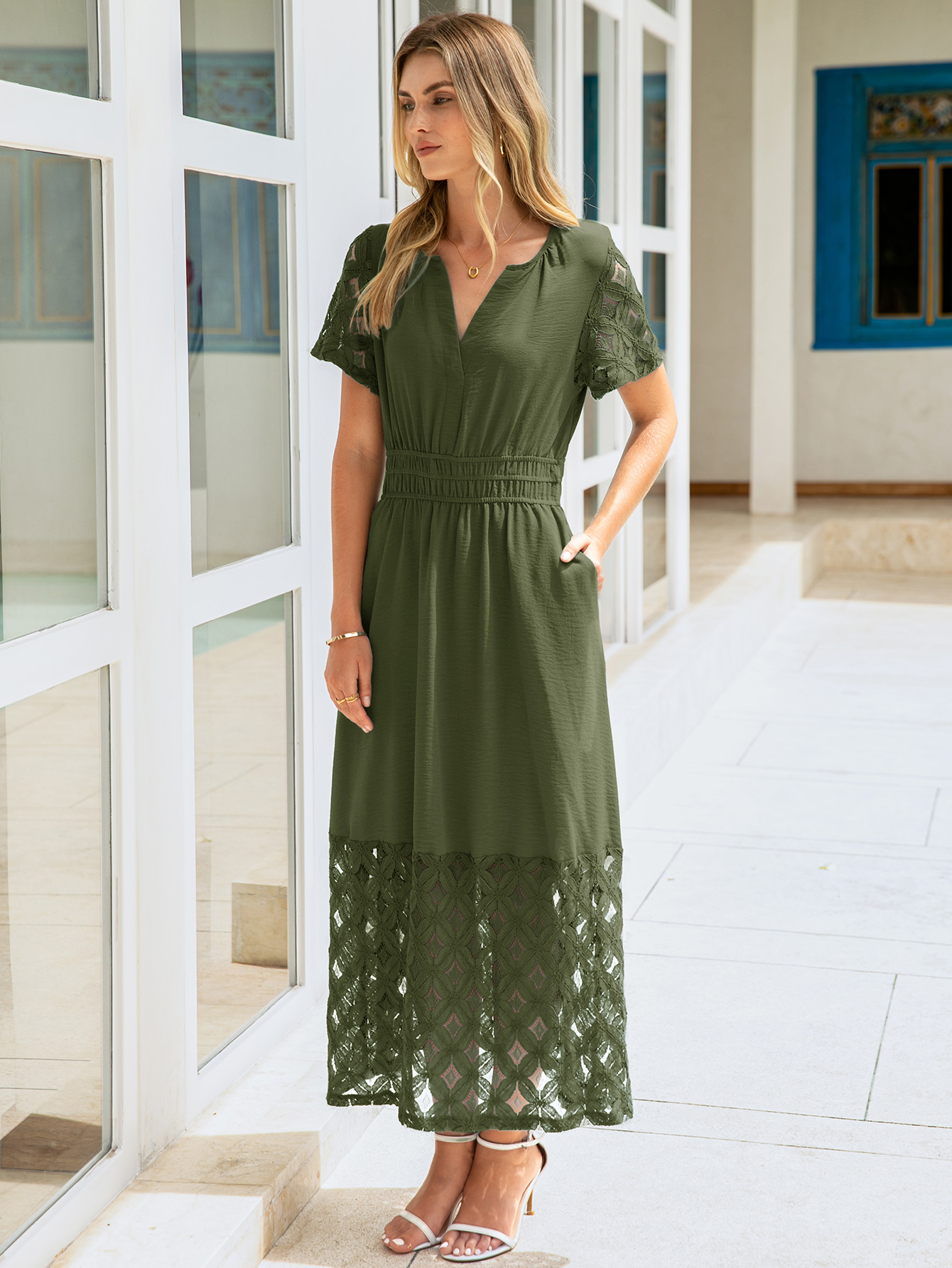 Lace Boho V Neck Short Sleeve Tiered Maxi Dress