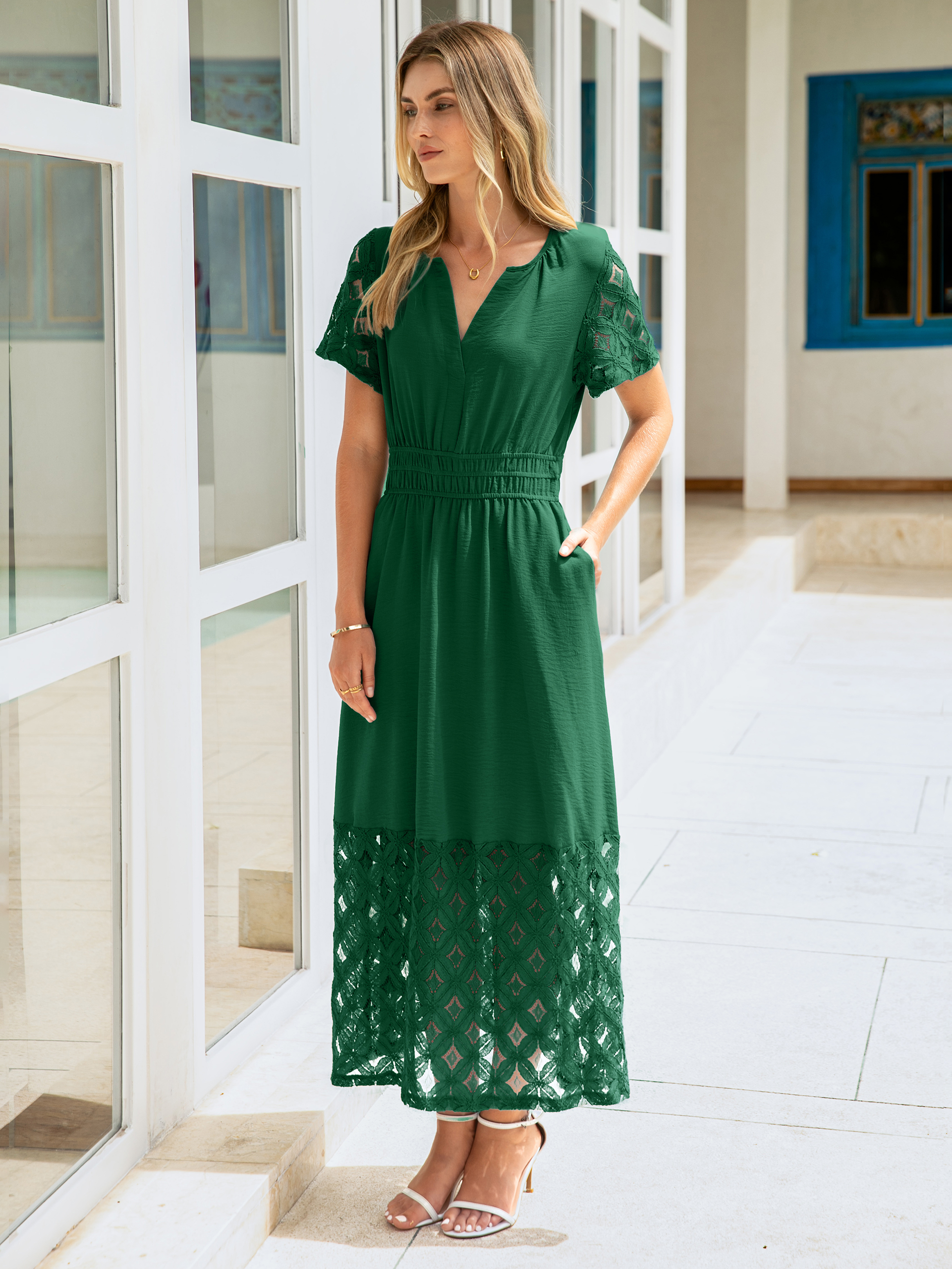 Lace Boho V Neck Short Sleeve Tiered Maxi Dress