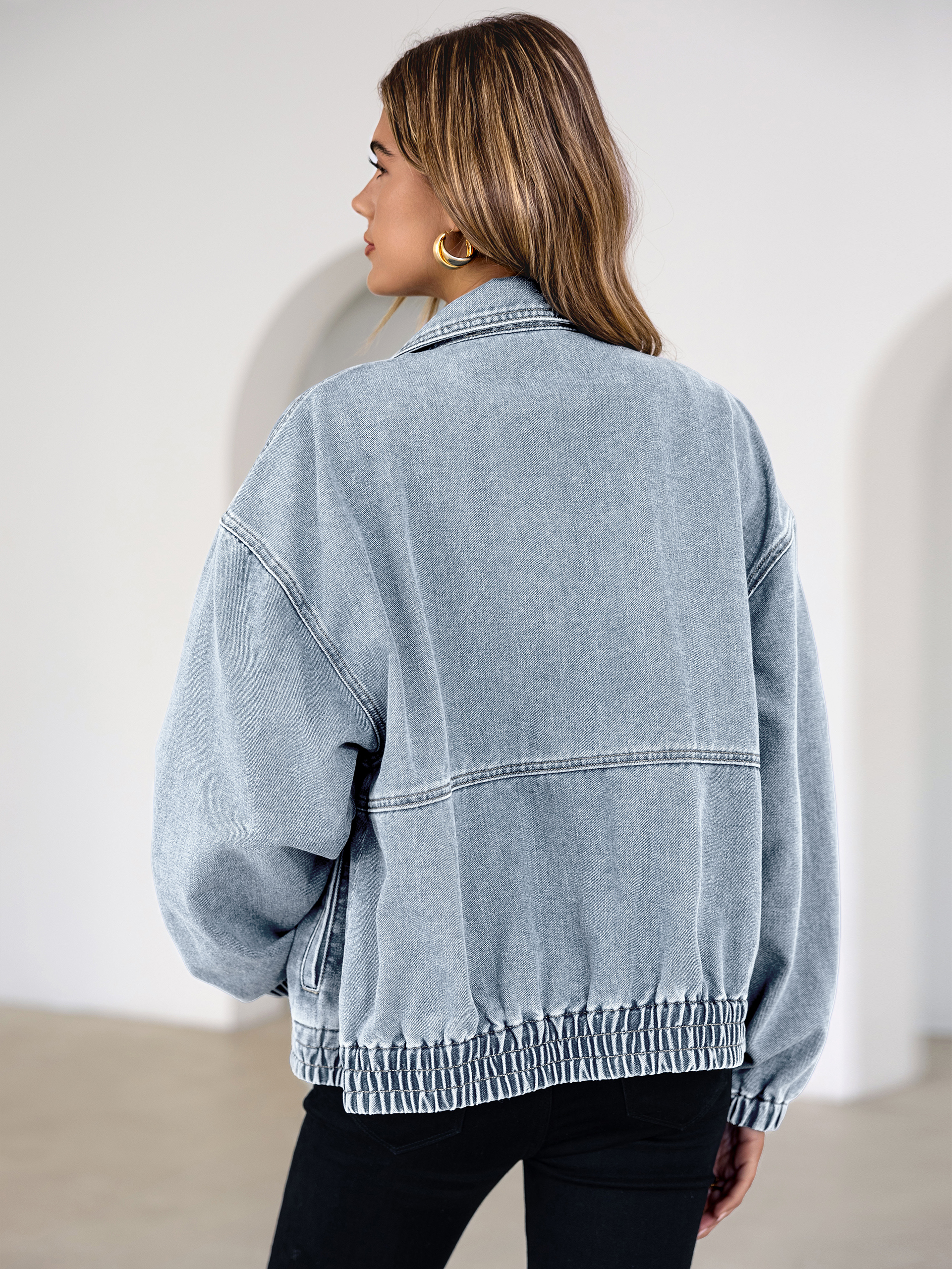 Classic Zip-Up Denim Bomber Jacket with Pockets