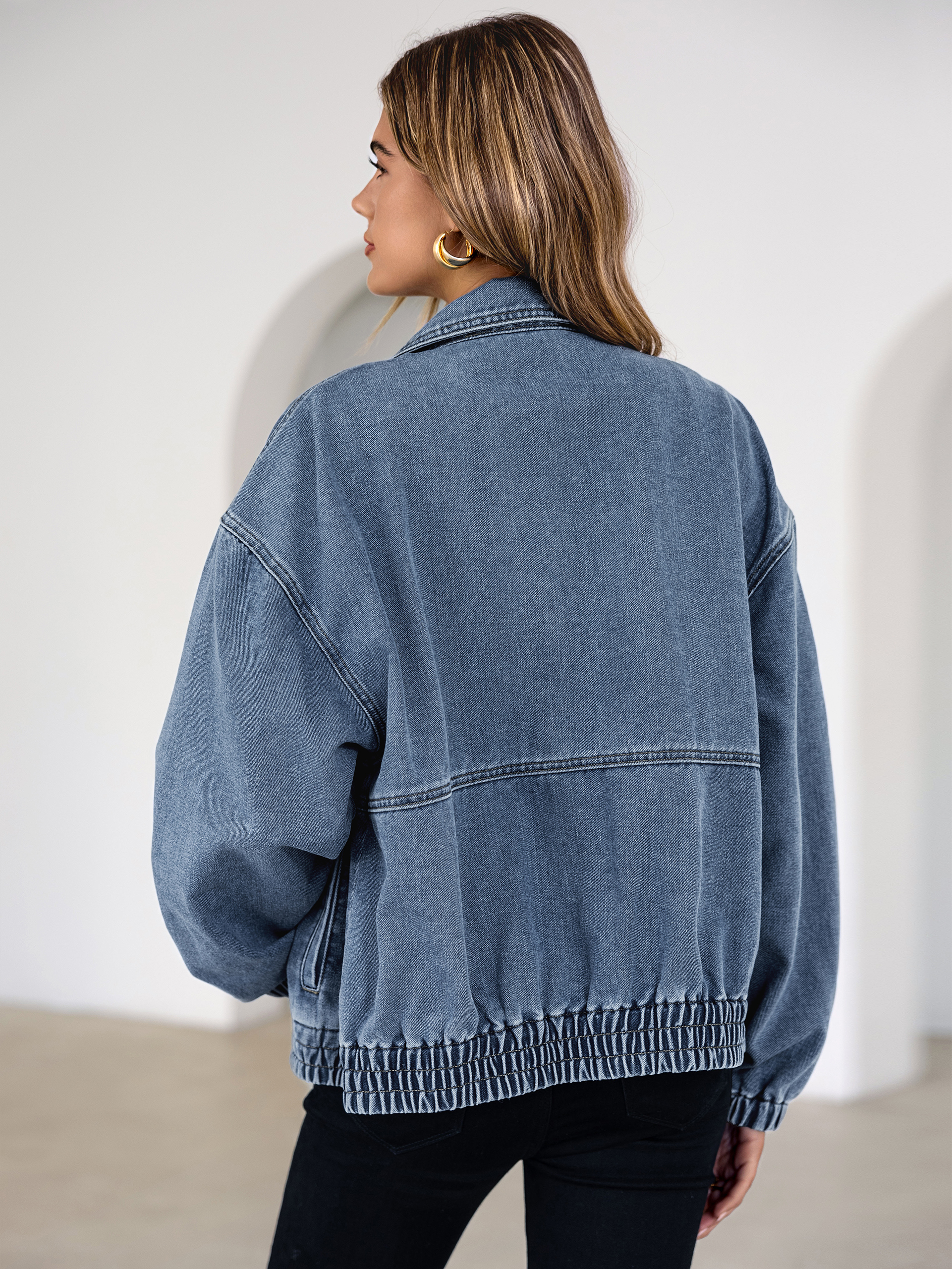 Classic Zip-Up Denim Bomber Jacket with Pockets