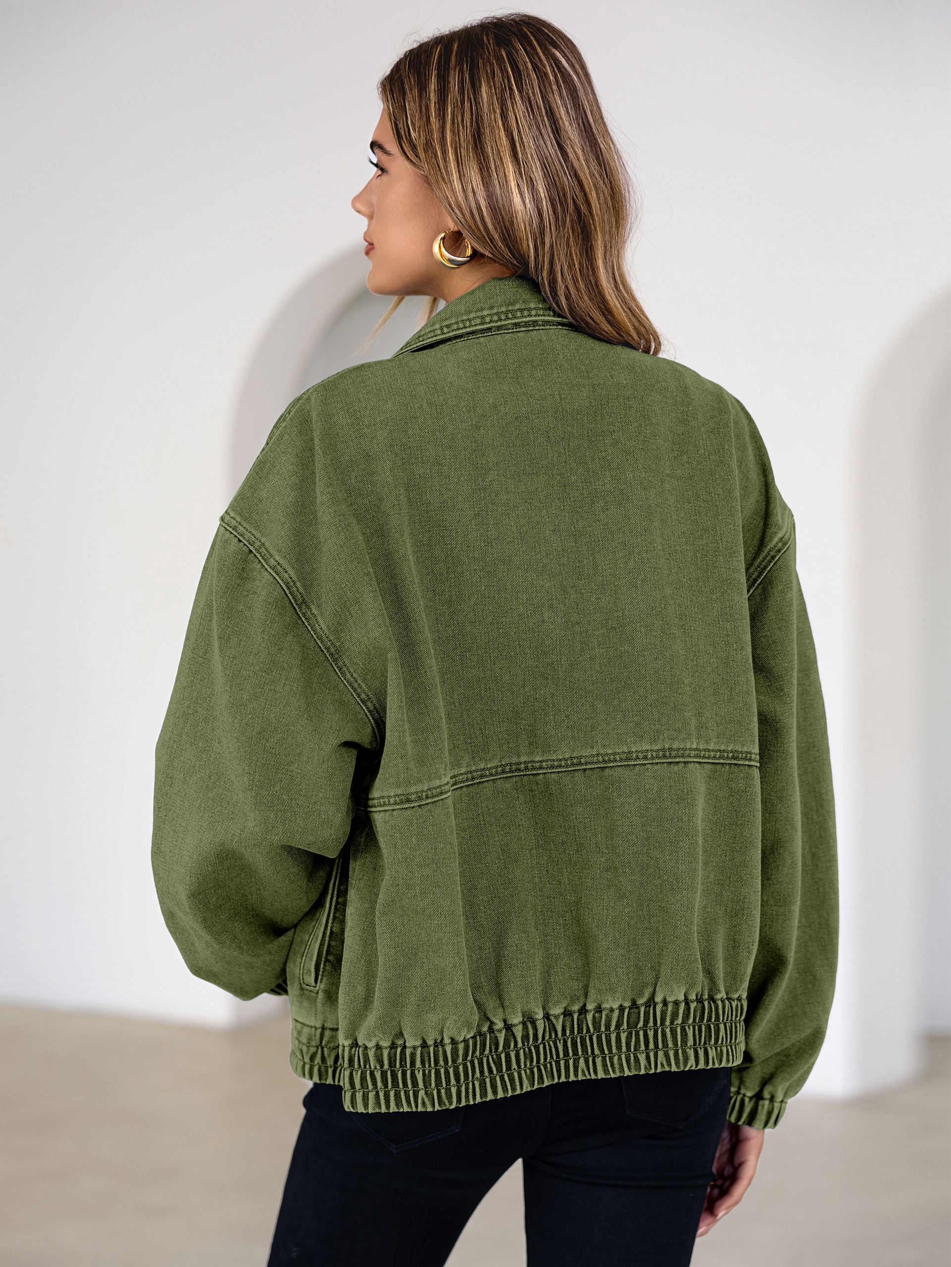 Classic Zip-Up Denim Bomber Jacket with Pockets