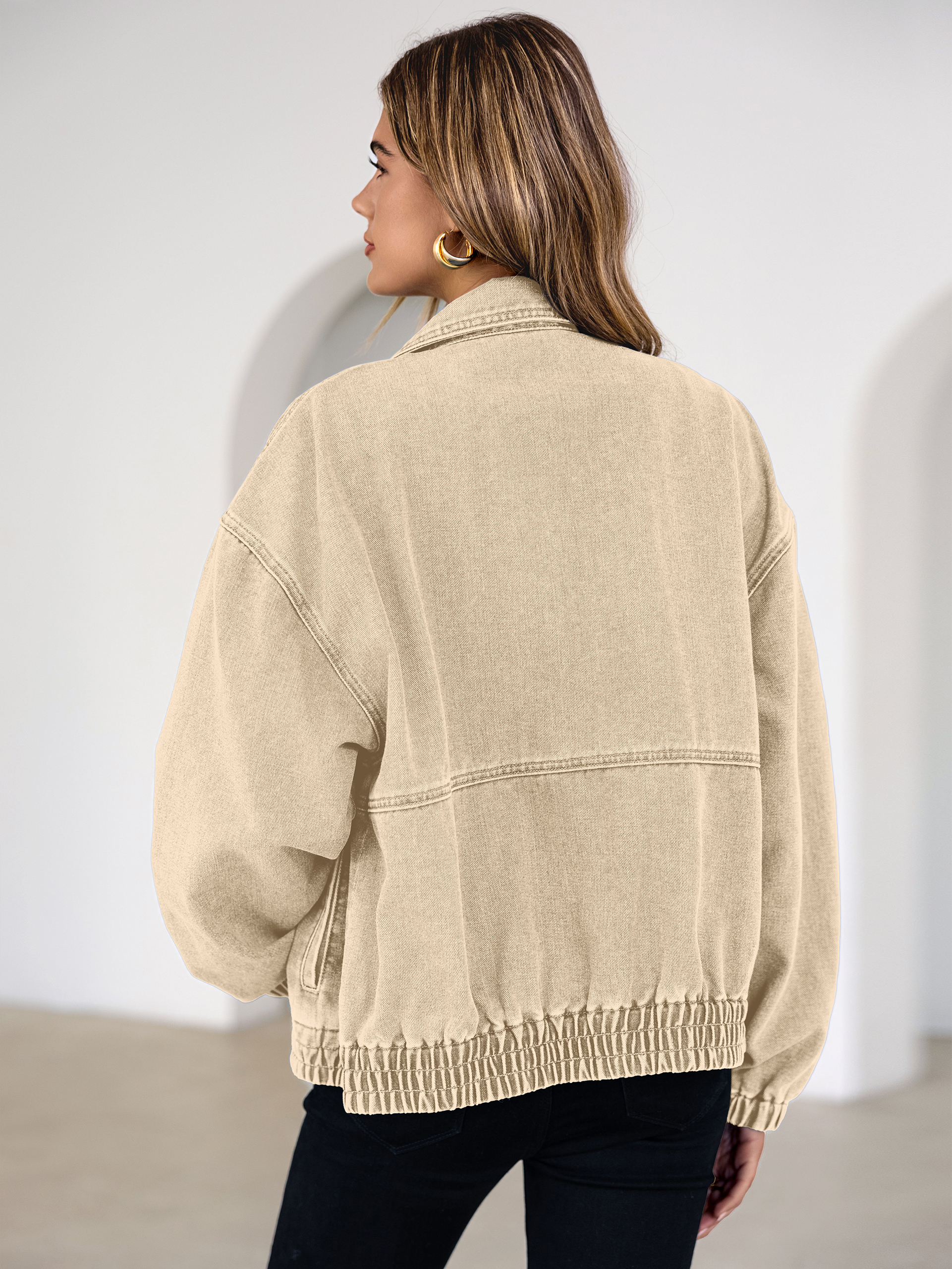 Classic Zip-Up Denim Bomber Jacket with Pockets