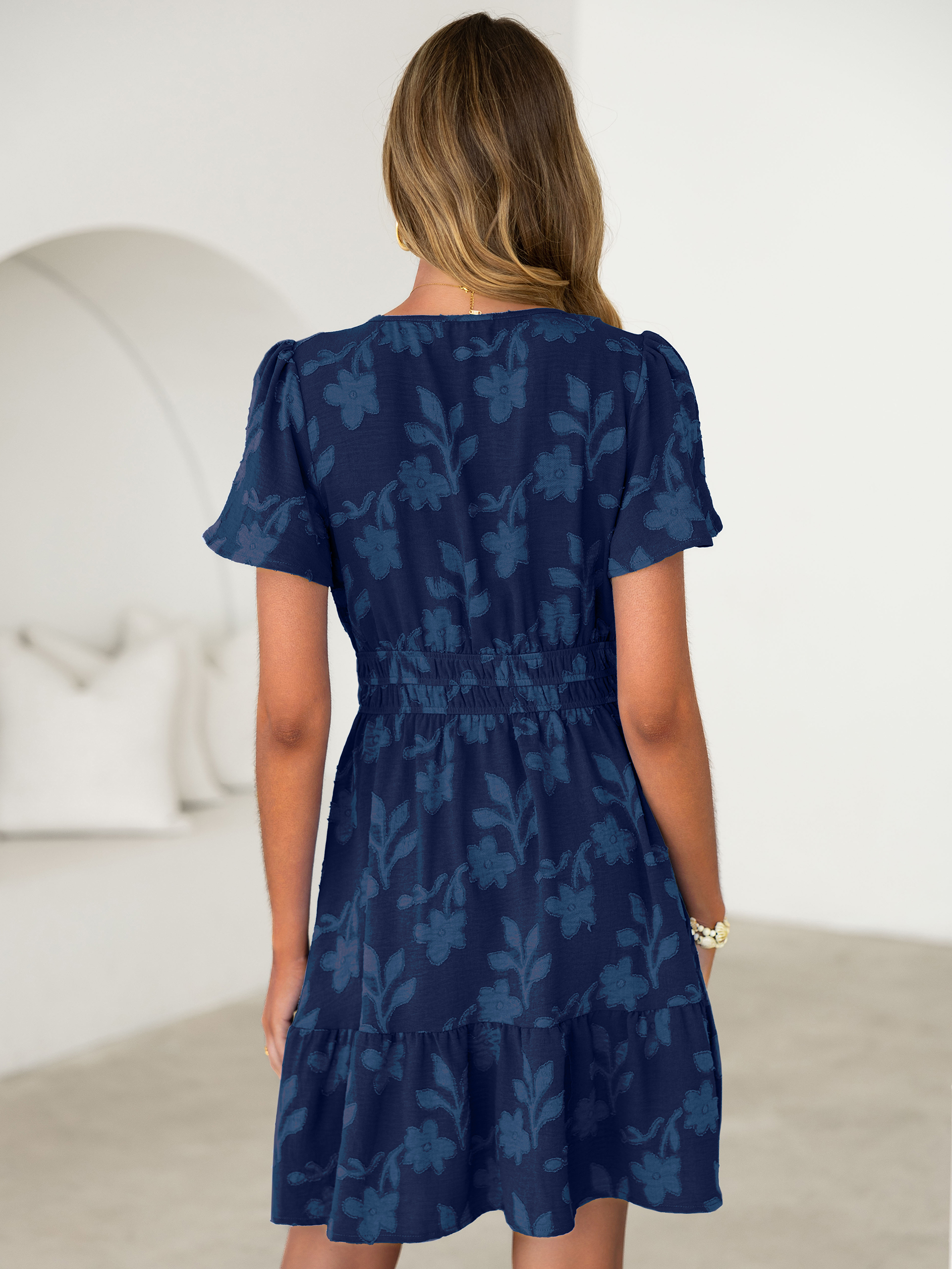 Floral Jacquard V Neck Short Sleeve Mini Dress - Navy Blue