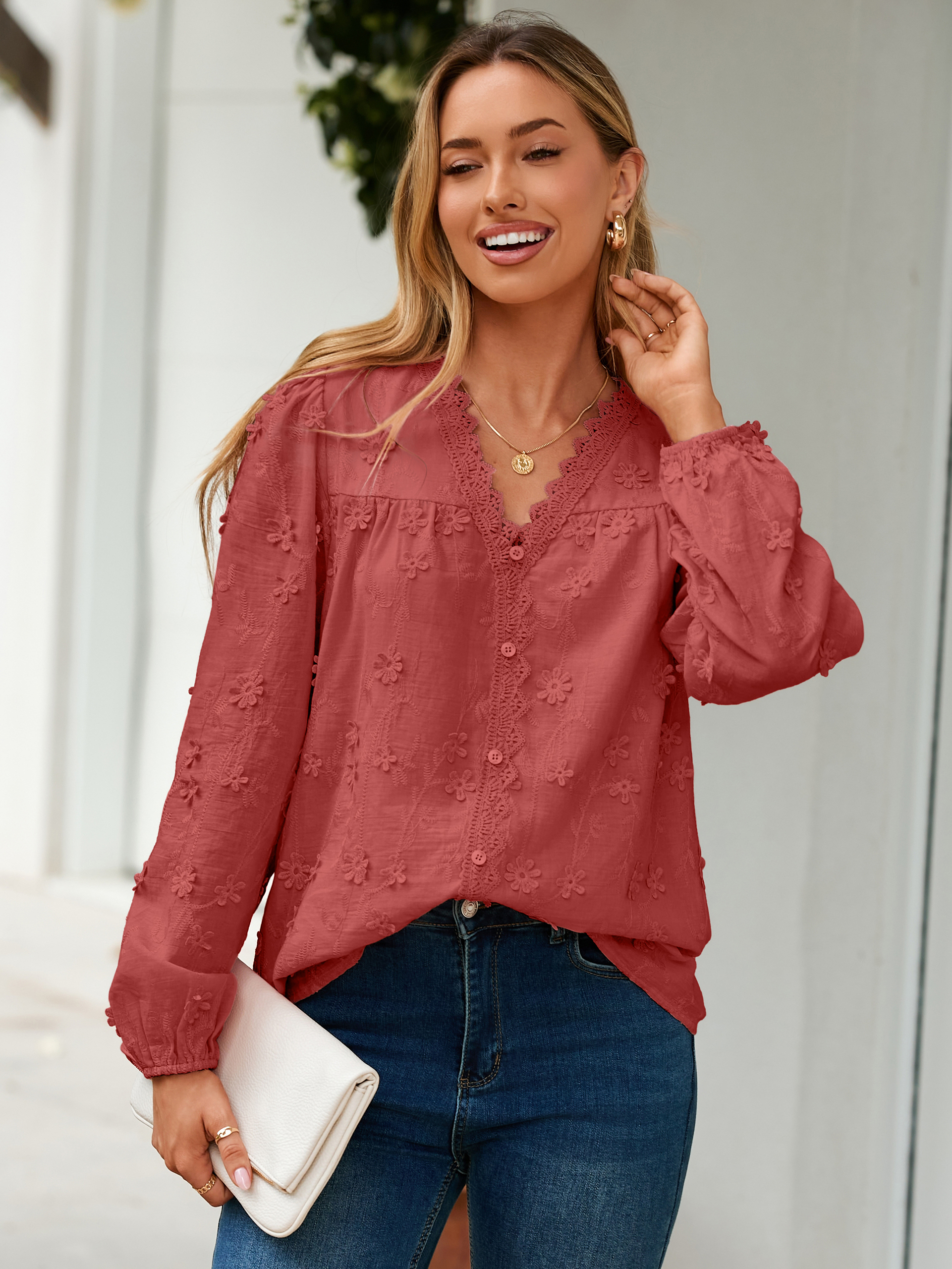 Floral Lace V Neck Embroidered Button Down Blouse
