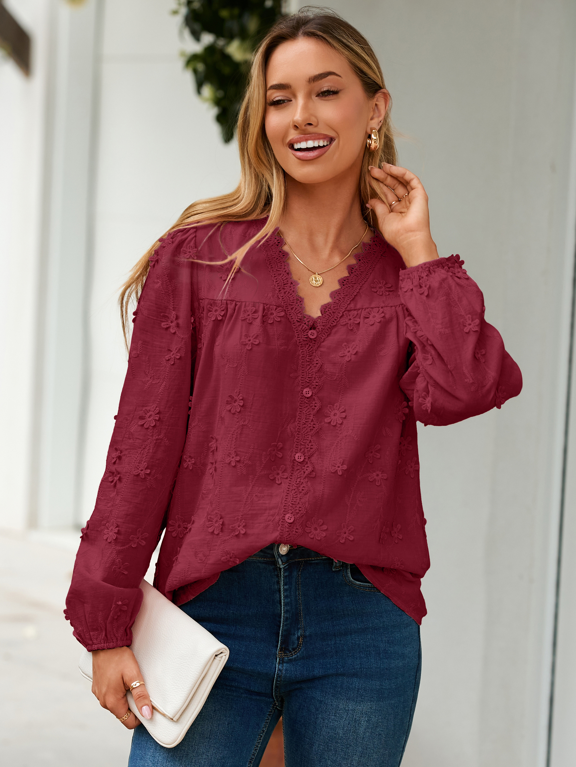 Floral Lace V Neck Embroidered Button Down Blouse