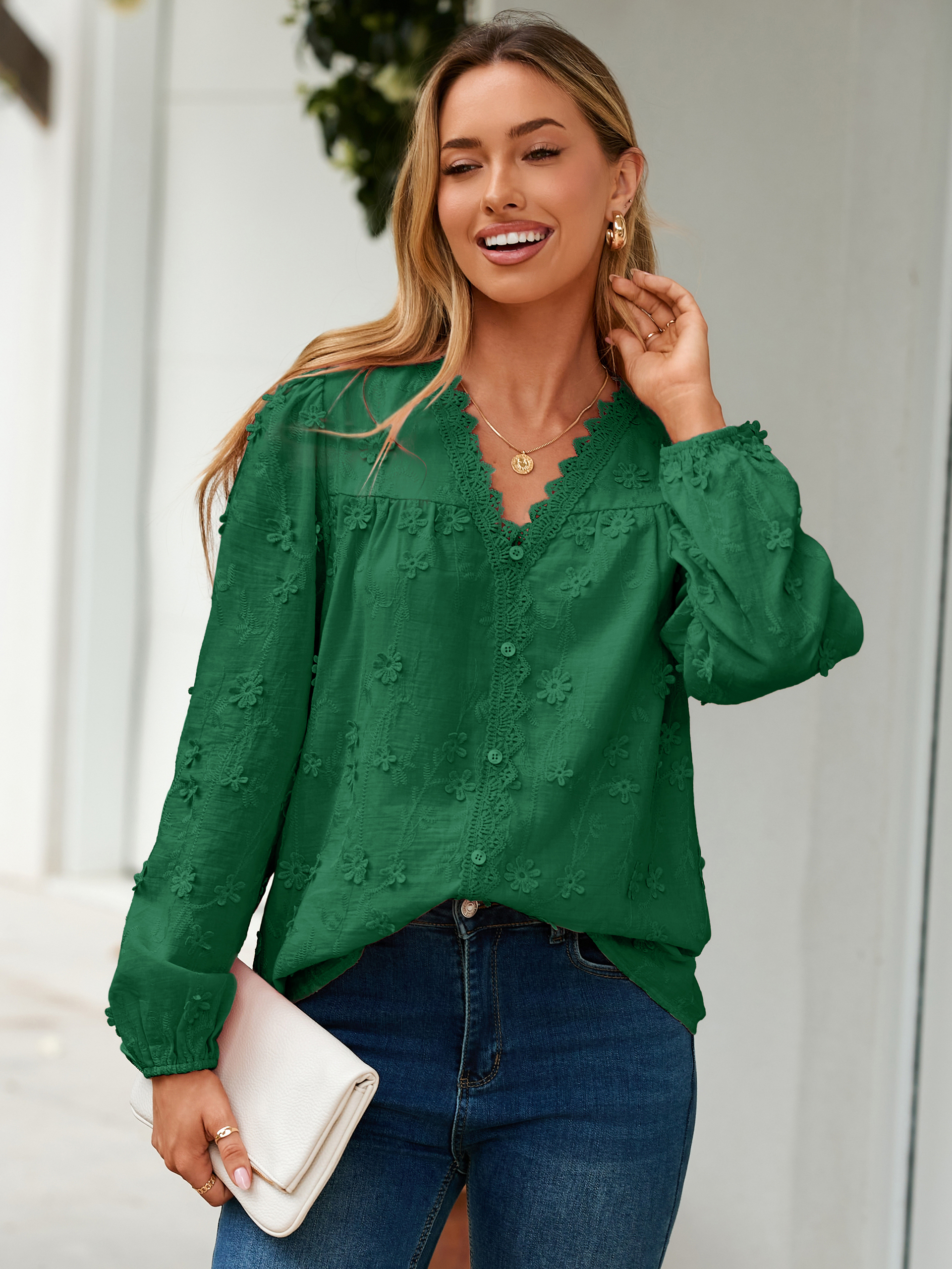 Floral Lace V Neck Embroidered Button Down Blouse