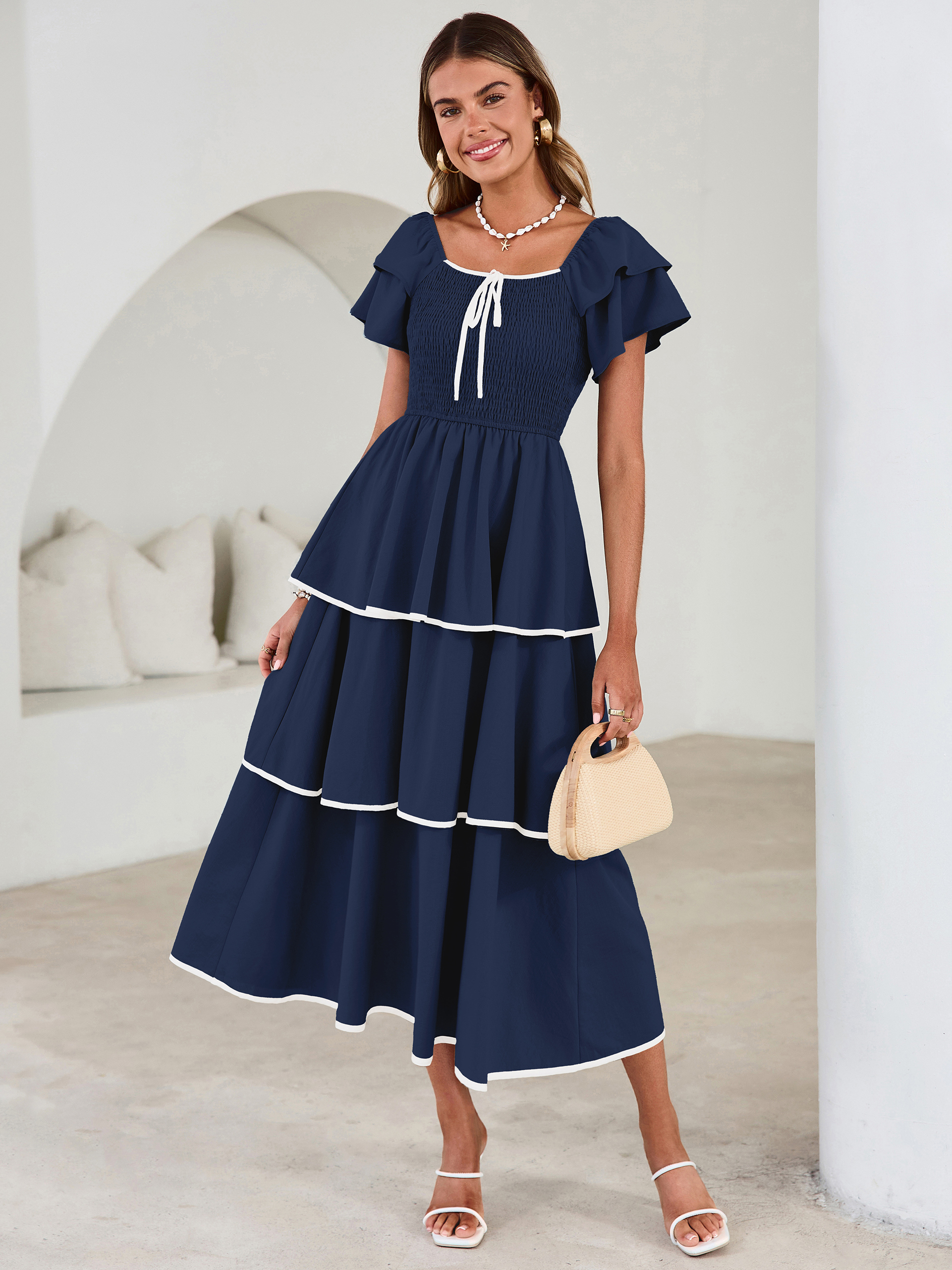 Ruched Off Shoulder Tiered Maxi Dress - Navy Blue