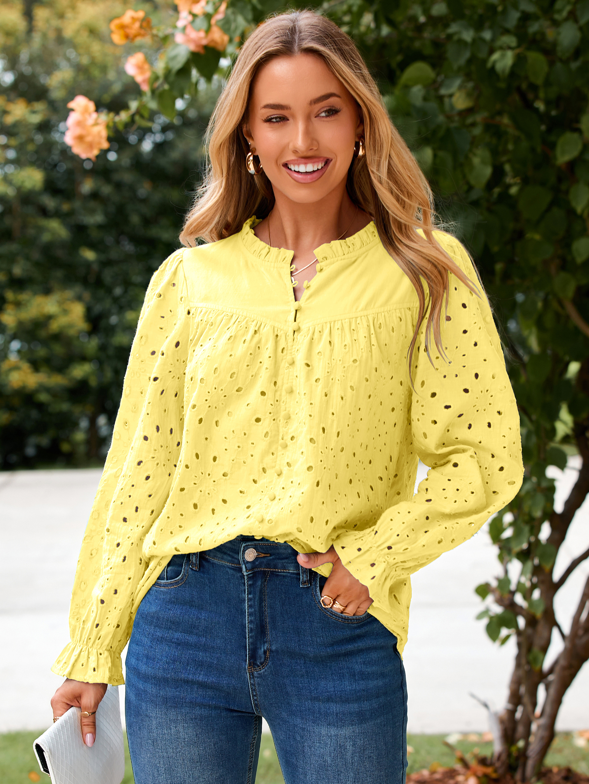 Eyelet Lace Puff Sleeve Button Down Blouse - Yellow