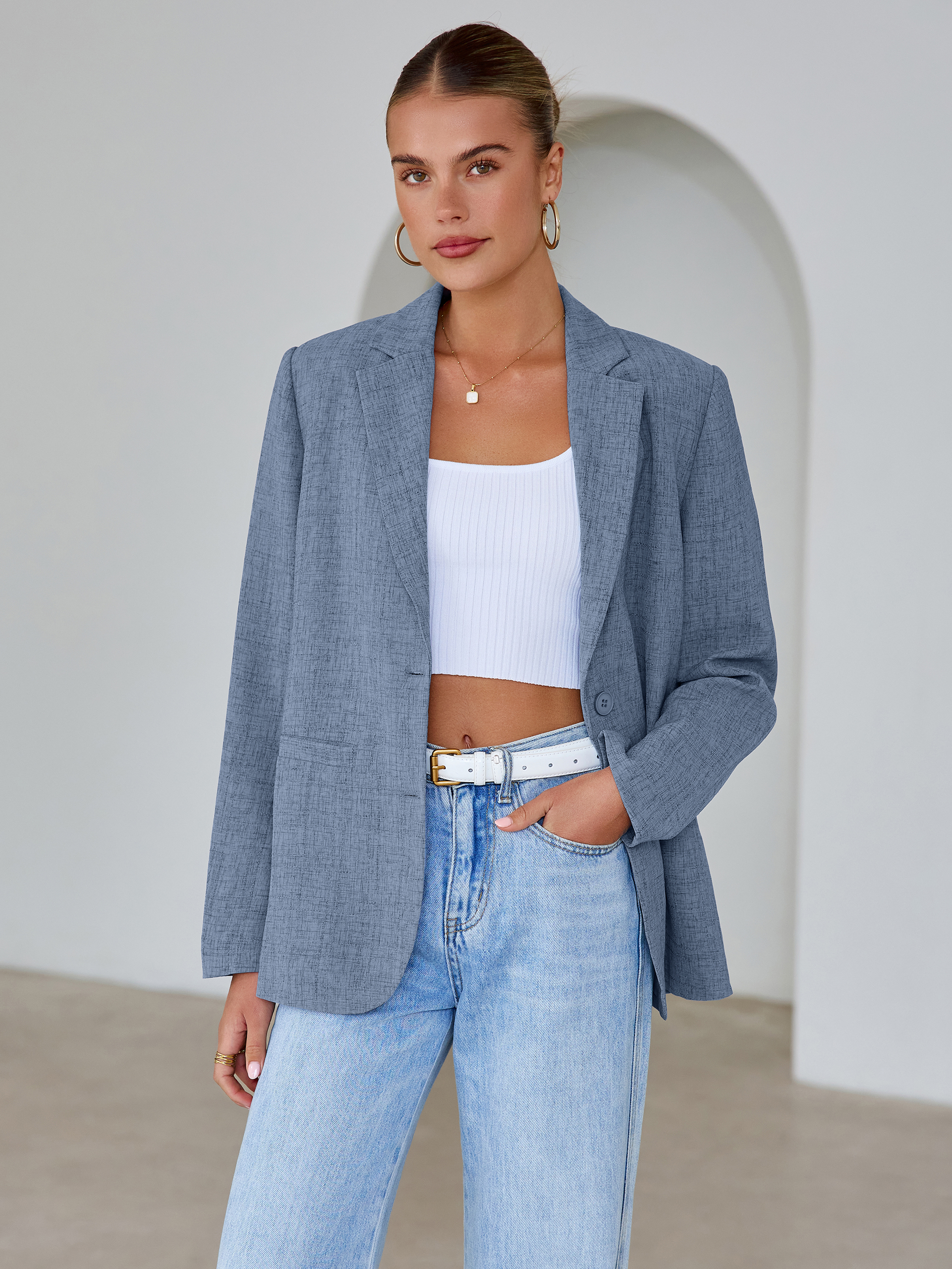 Oversized Textured Professional Blazer Jacket - Blue