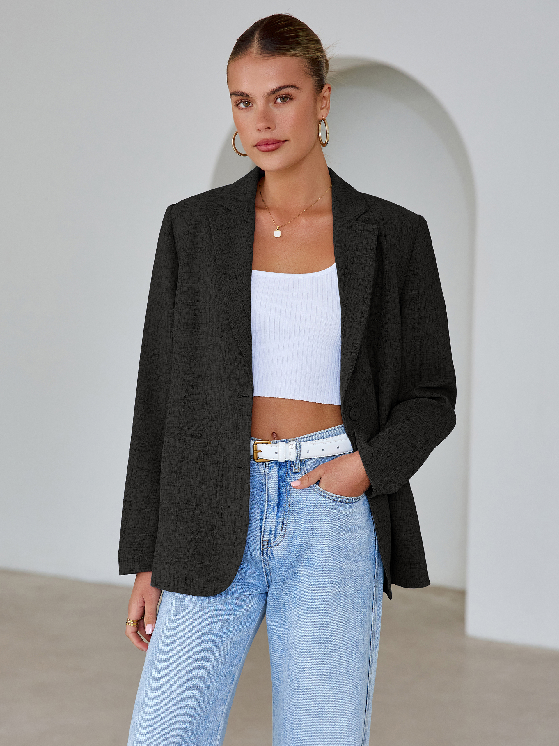 Oversized Textured Professional Blazer Jacket - Black