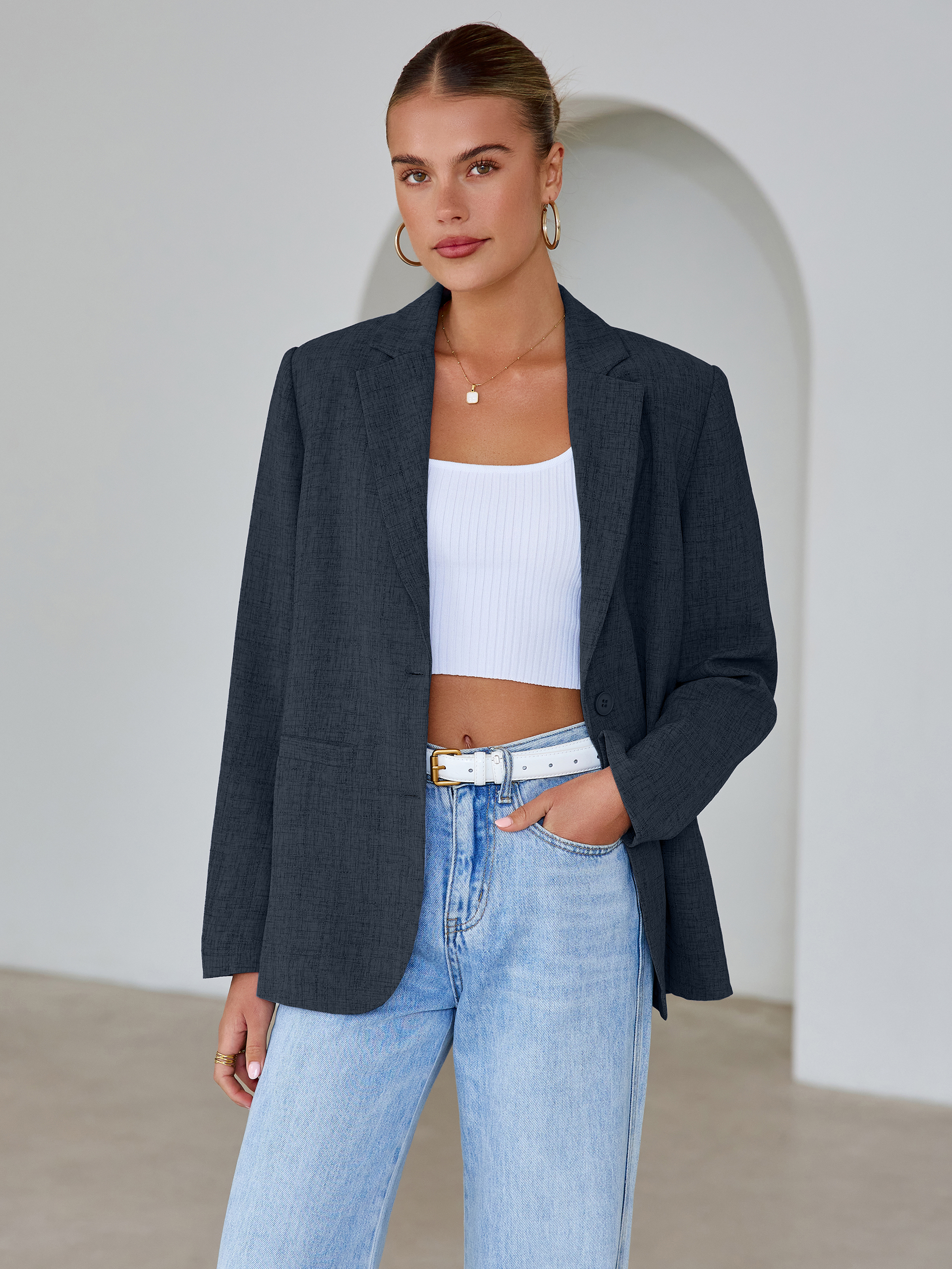 Oversized Textured Professional Blazer Jacket - Navy Blue