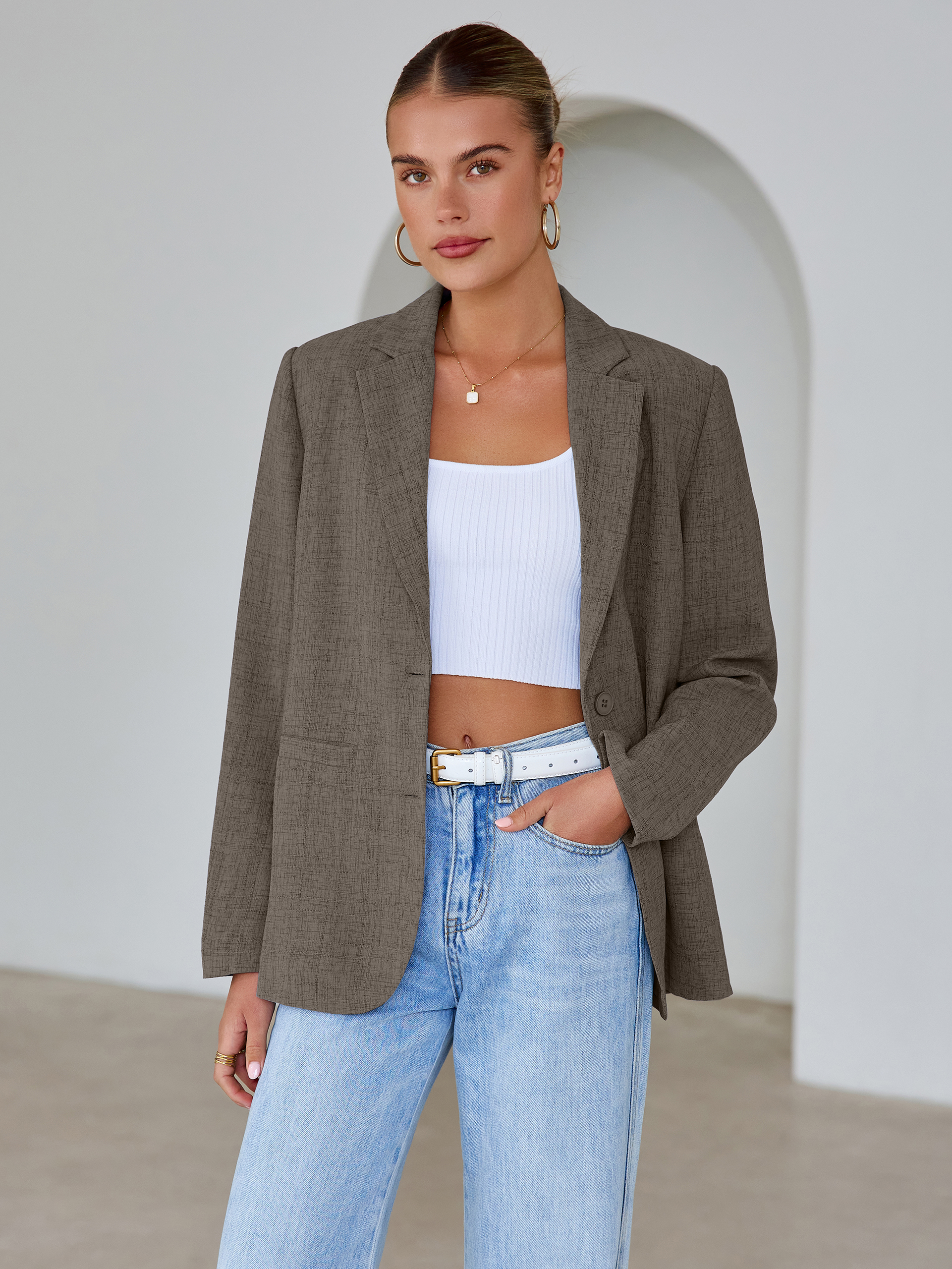 Oversized Textured Professional Blazer Jacket - Gray Khaki
