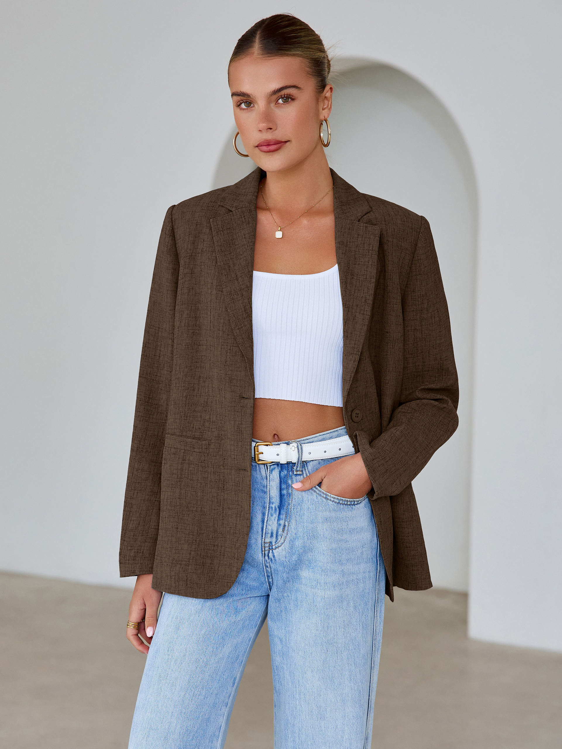 Oversized Textured Professional Blazer Jacket - Coffee