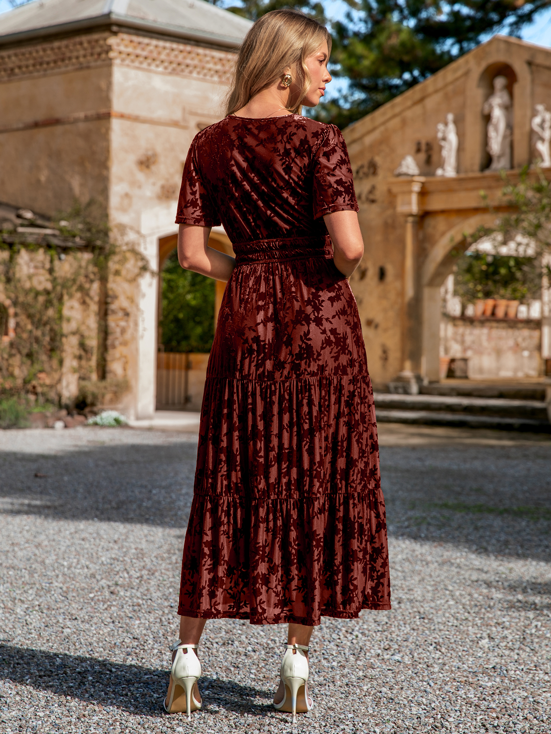 Velvet Print V-Neck Empire Tiered Ruffle Maxi Dress