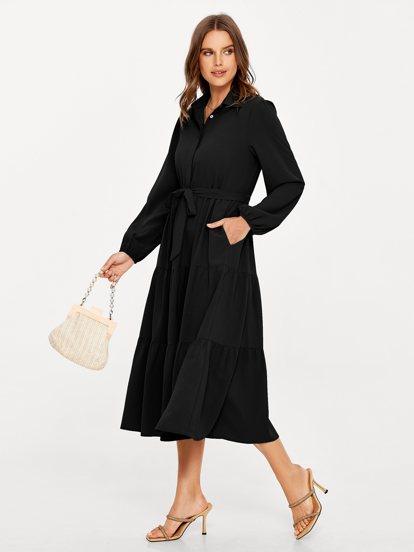 Button Up Lantern Sleeve Flowy Maxi Dress