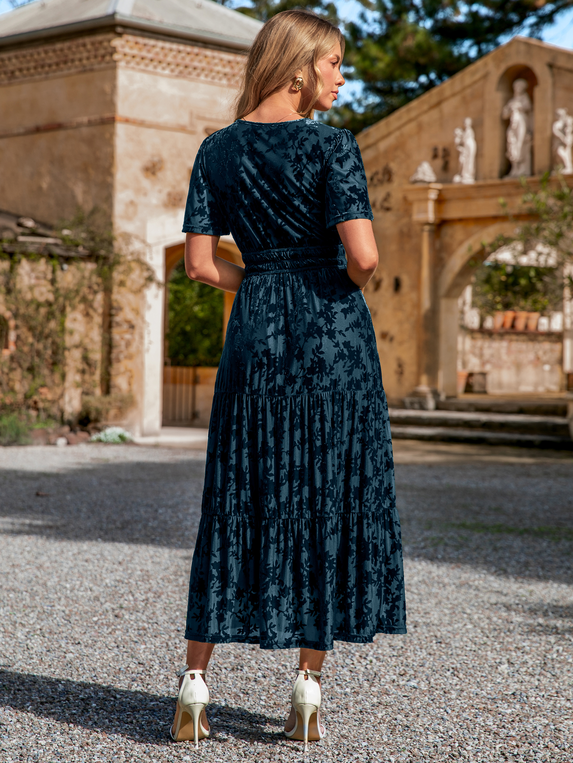 Velvet Print V-Neck Empire Tiered Ruffle Maxi Dress