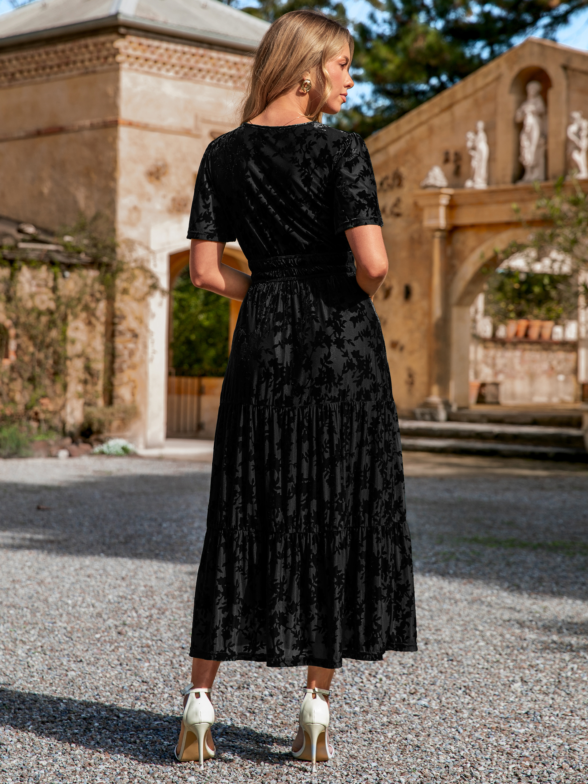 Velvet Print V-Neck Empire Tiered Ruffle Maxi Dress