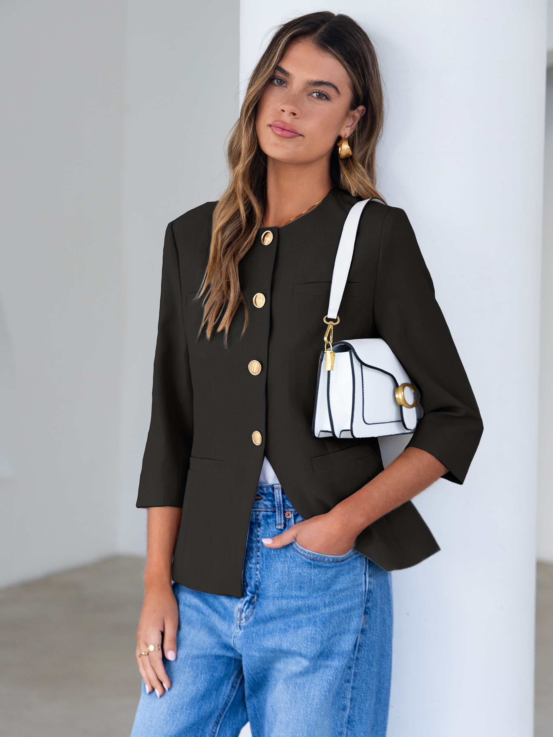 Round Neck Gold Button 3/4 Sleeve Peplum Blazer