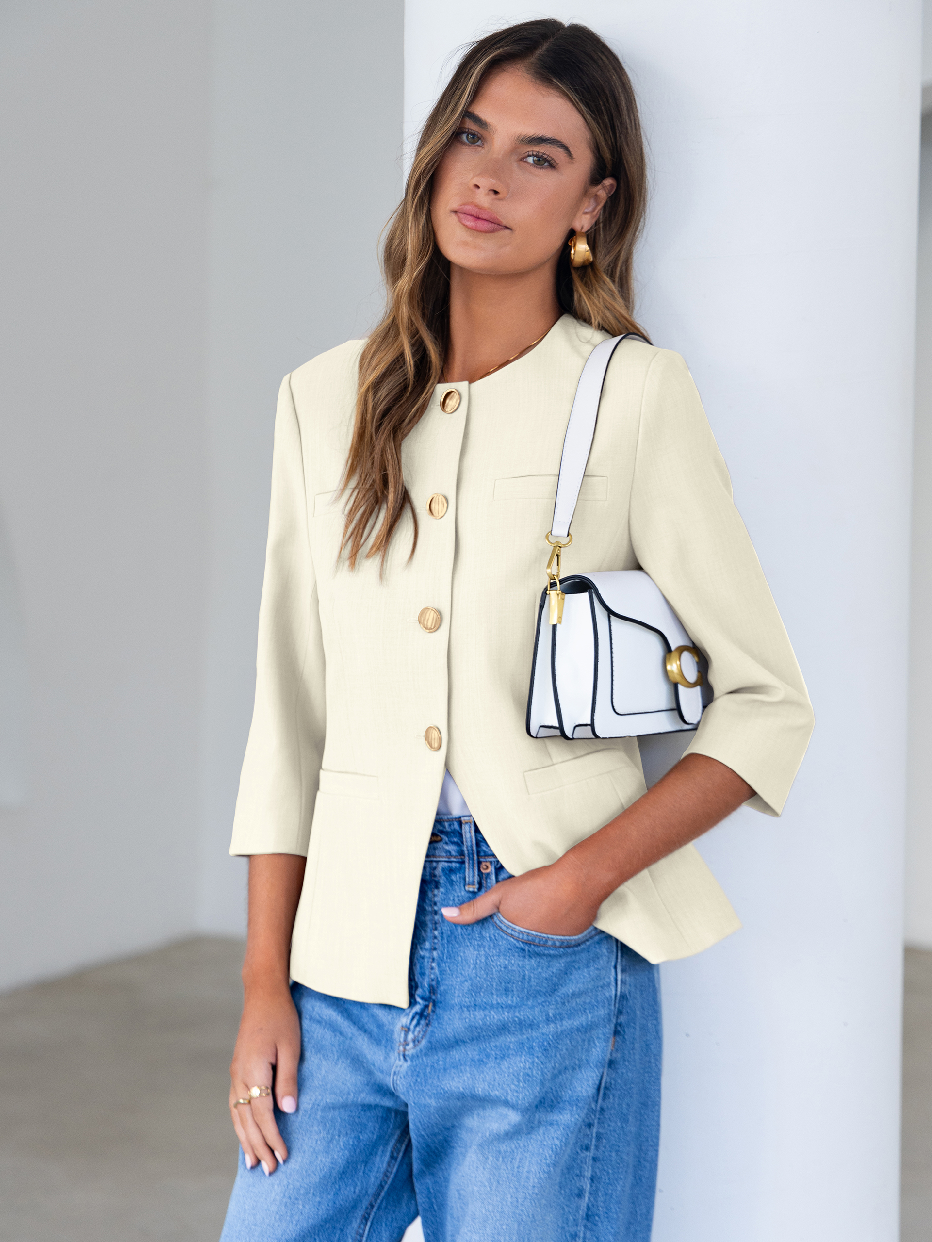 Round Neck Gold Button 3/4 Sleeve Peplum Blazer