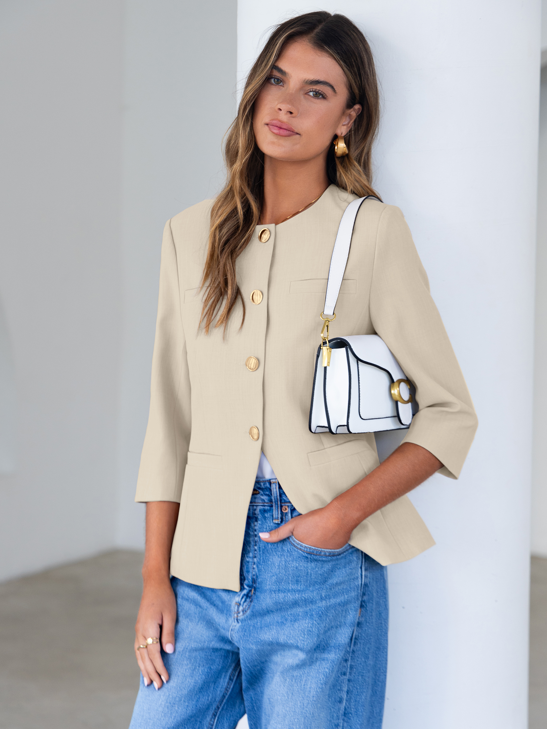 Round Neck Gold Button 3/4 Sleeve Peplum Blazer