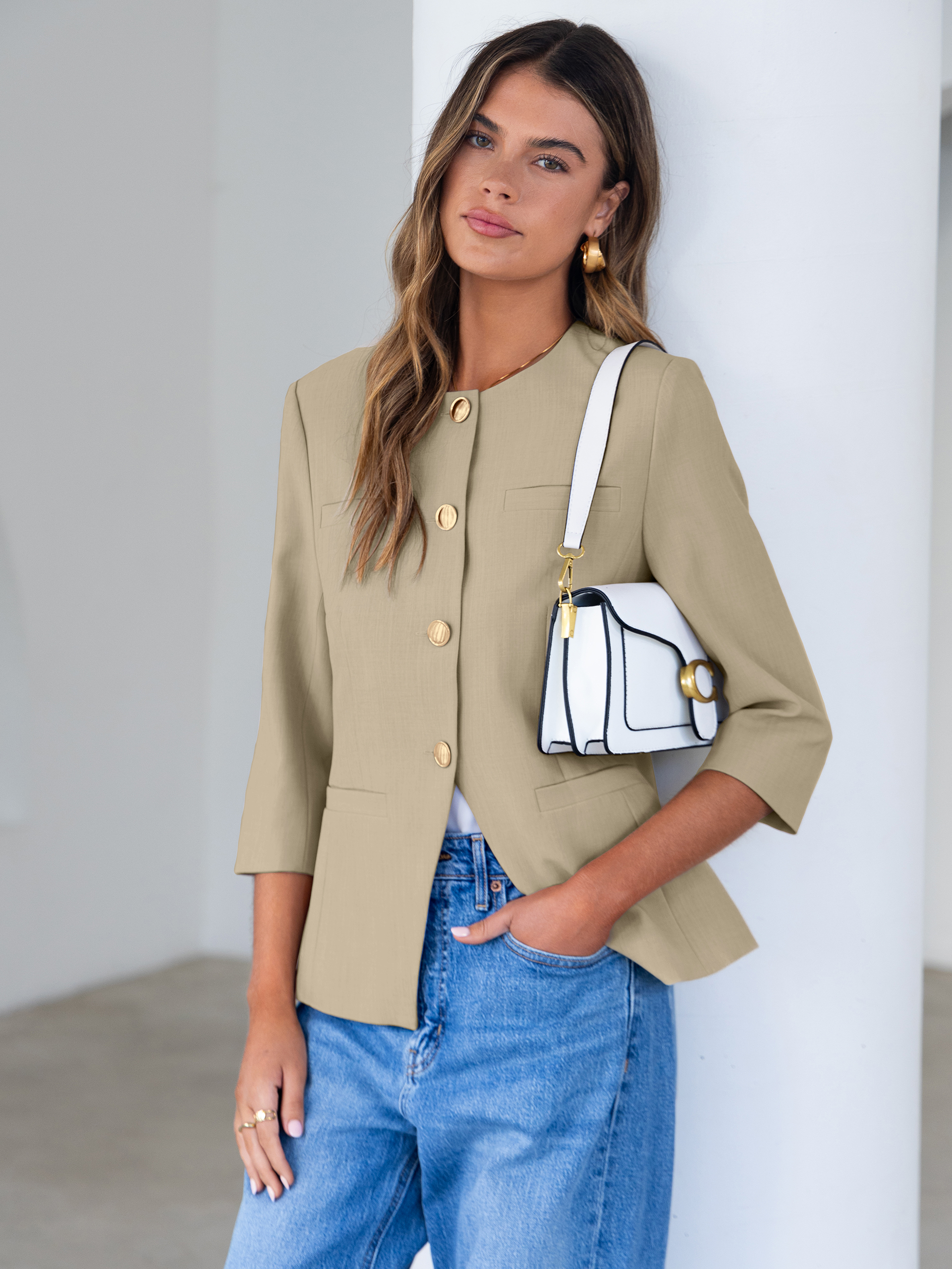 Round Neck Gold Button 3/4 Sleeve Peplum Blazer