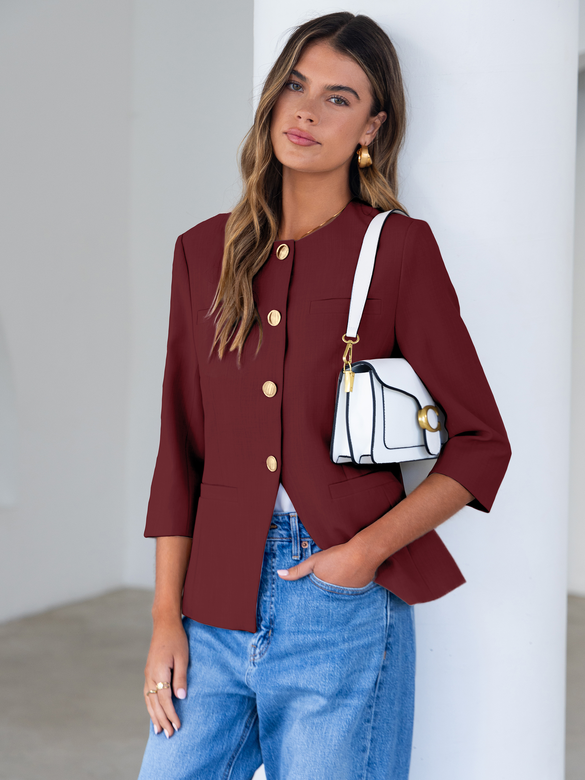 Round Neck Gold Button 3/4 Sleeve Peplum Blazer