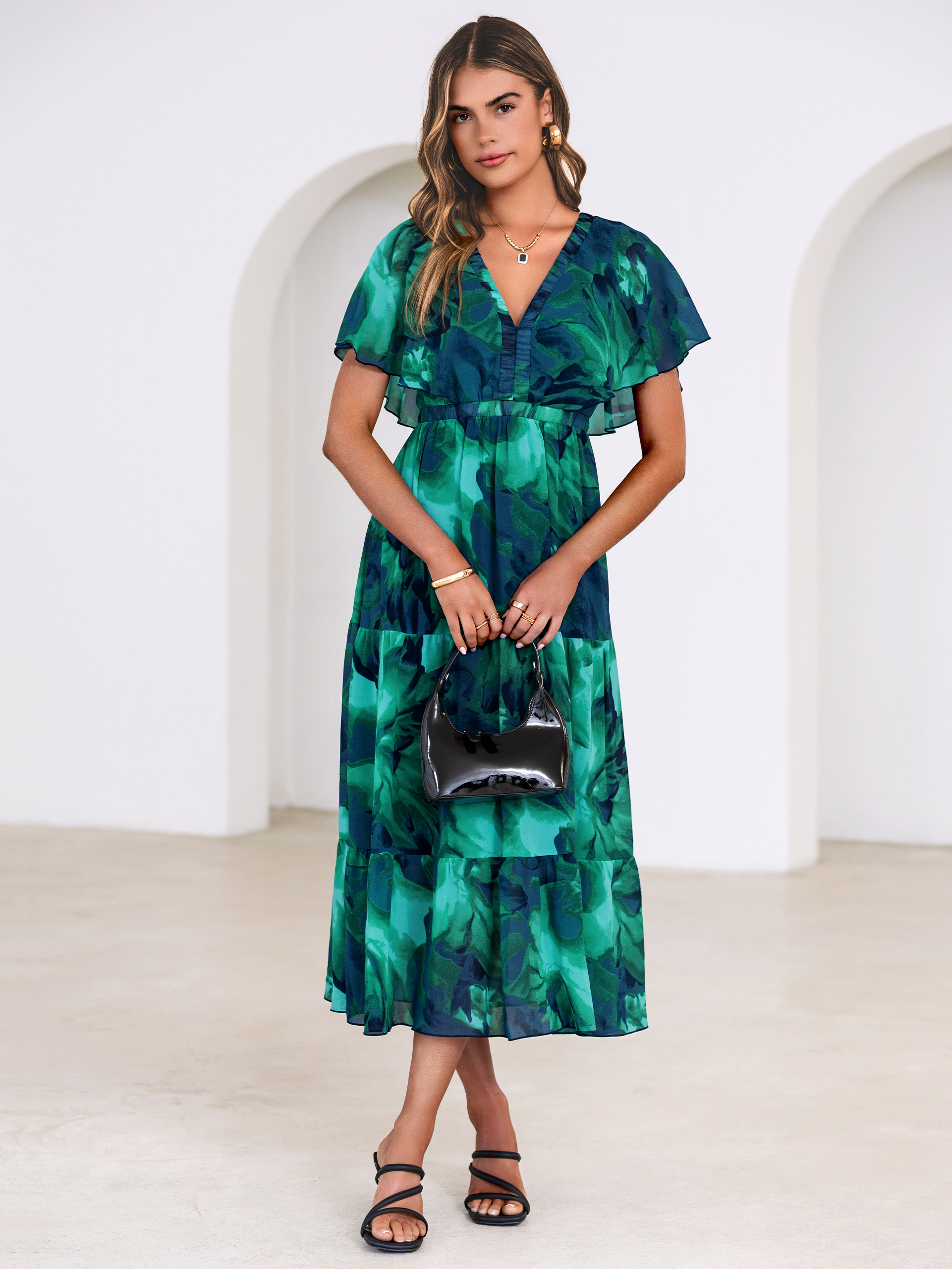 Floral V Neck Ruffle Sleeve Backless Maxi Dress