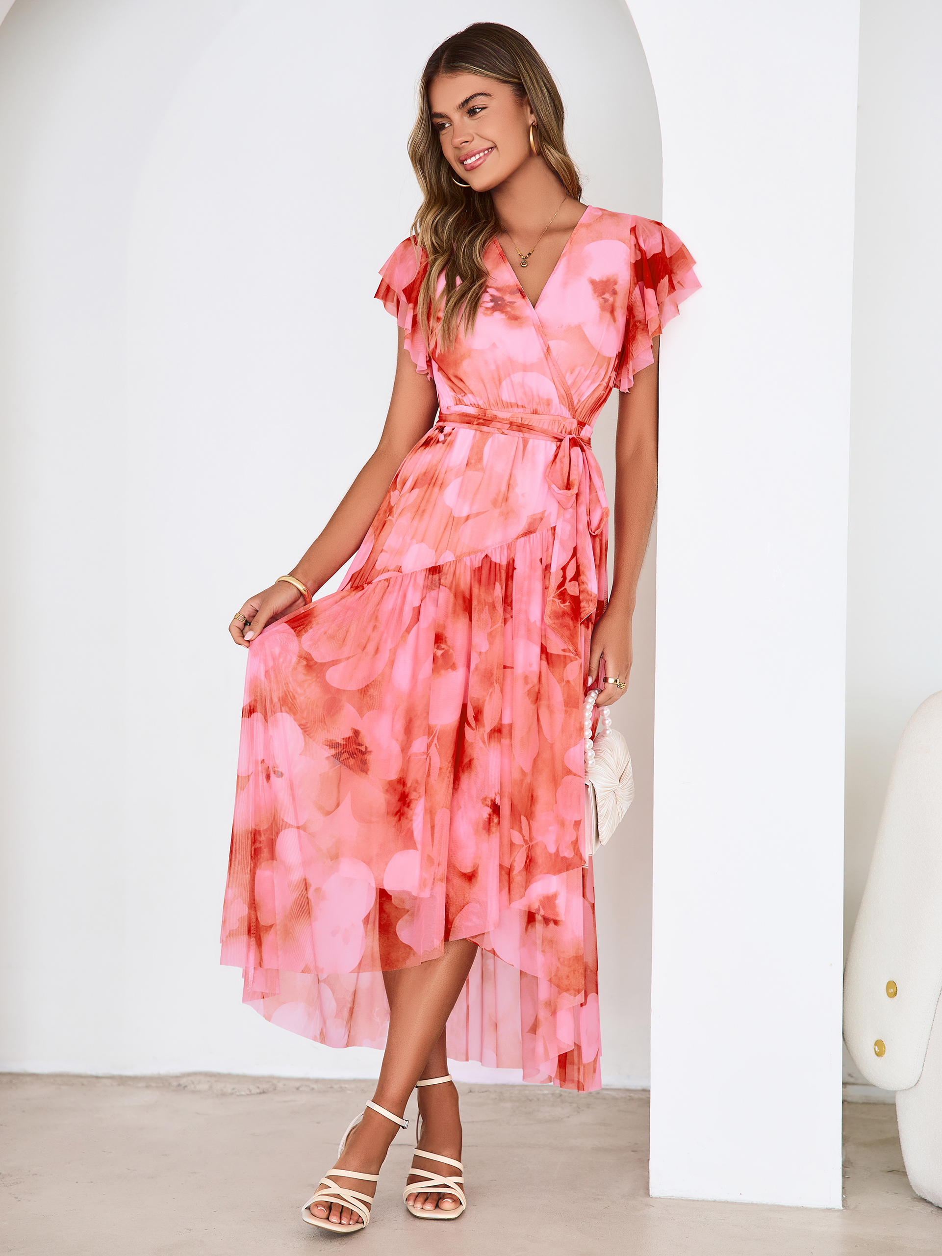 Floral V Neck Flutter Sleeve Flowy Maxi Dress