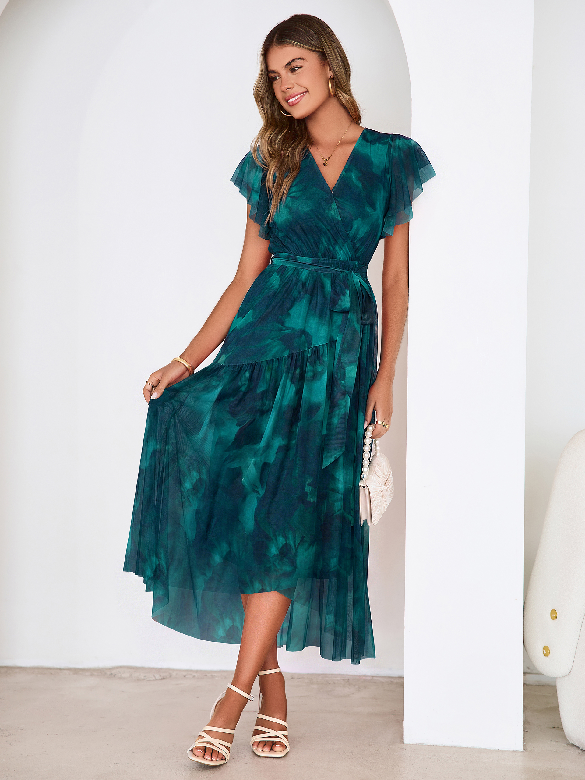 Floral V Neck Flutter Sleeve Flowy Maxi Dress