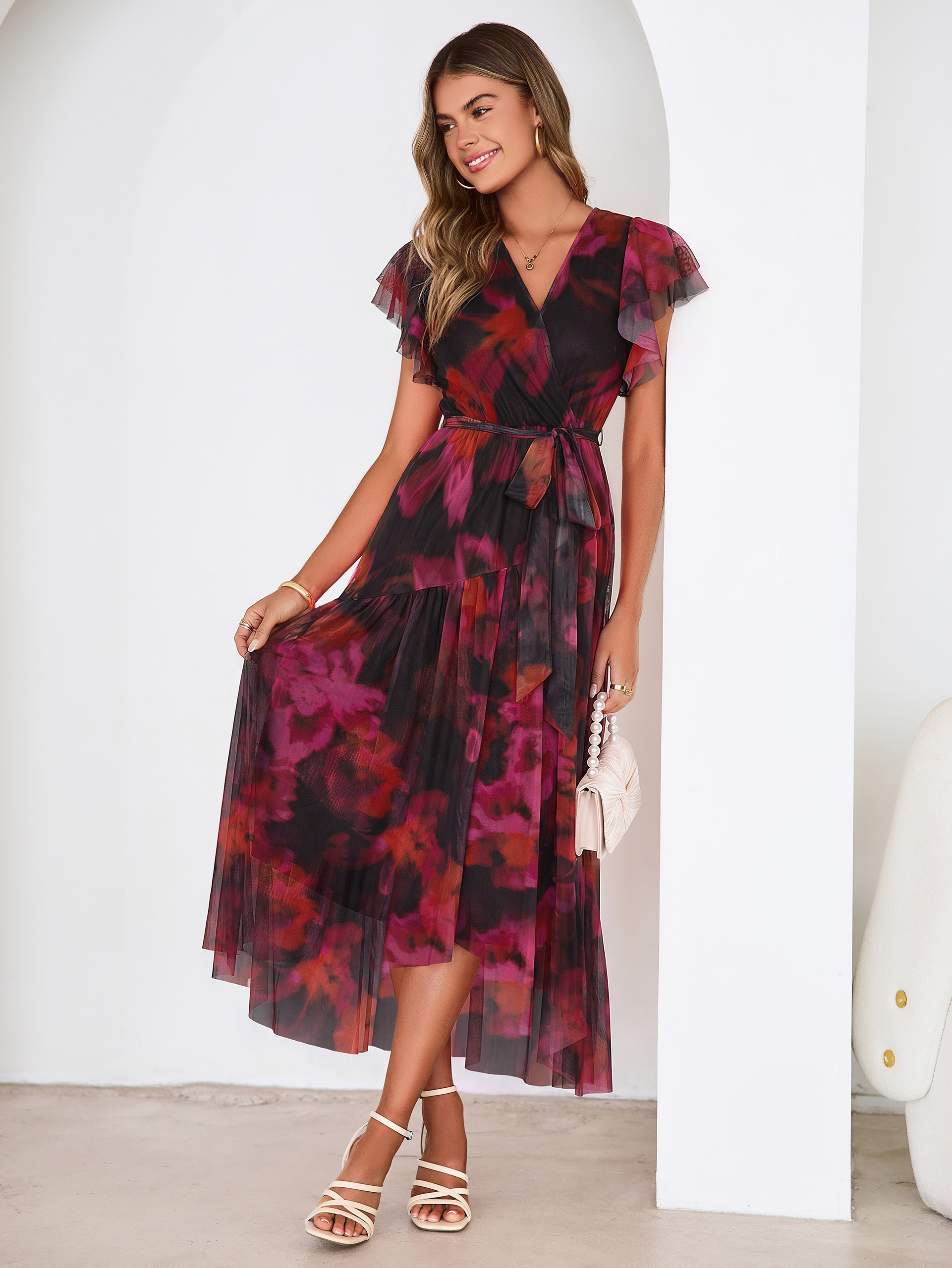 Floral V Neck Flutter Sleeve Flowy Maxi Dress
