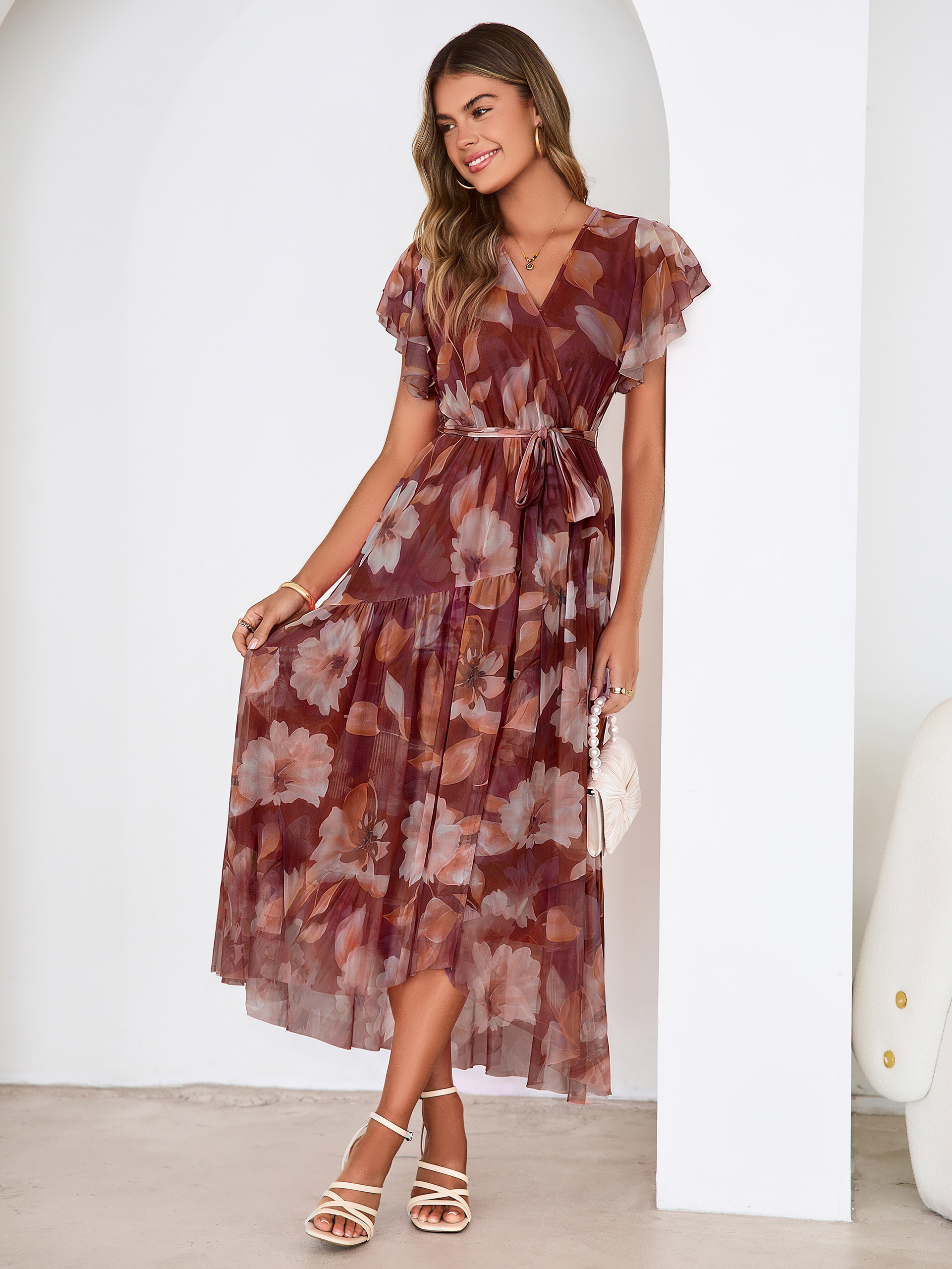 Floral V Neck Flutter Sleeve Flowy Maxi Dress