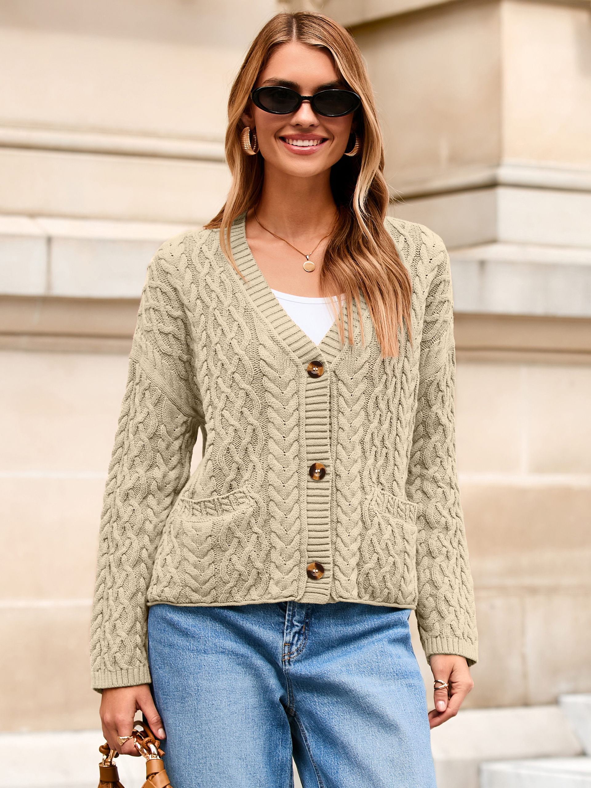 Cable Knit V Neck Buttoned Cardigan Sweater