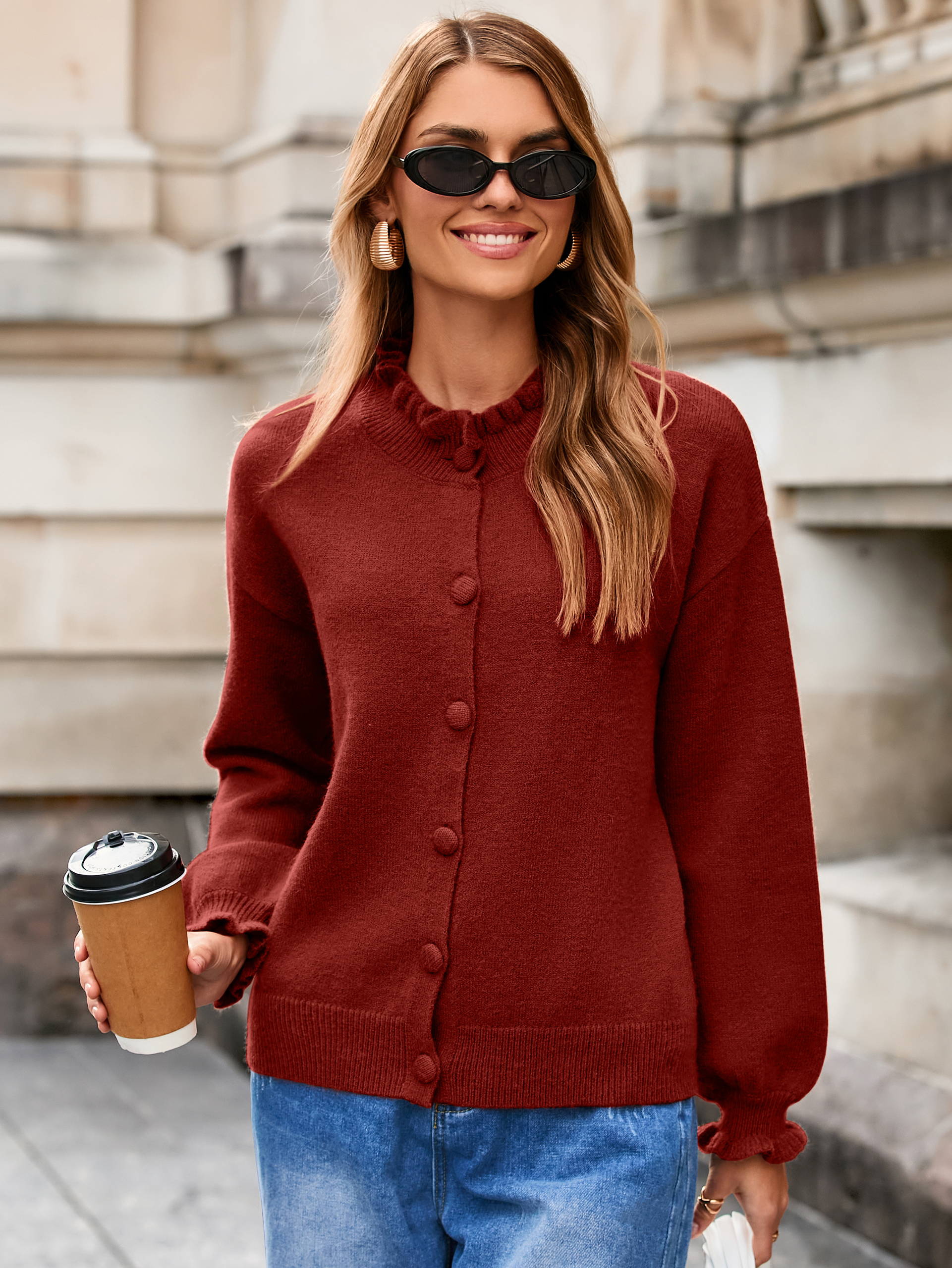 Ruffled Collar Mock Neck Button Cardigan