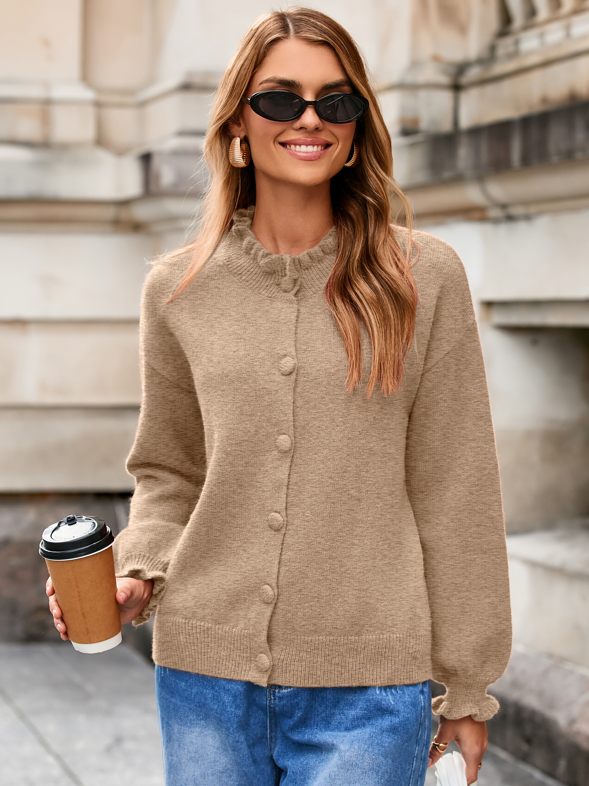 Ruffled Collar Mock Neck Button Cardigan