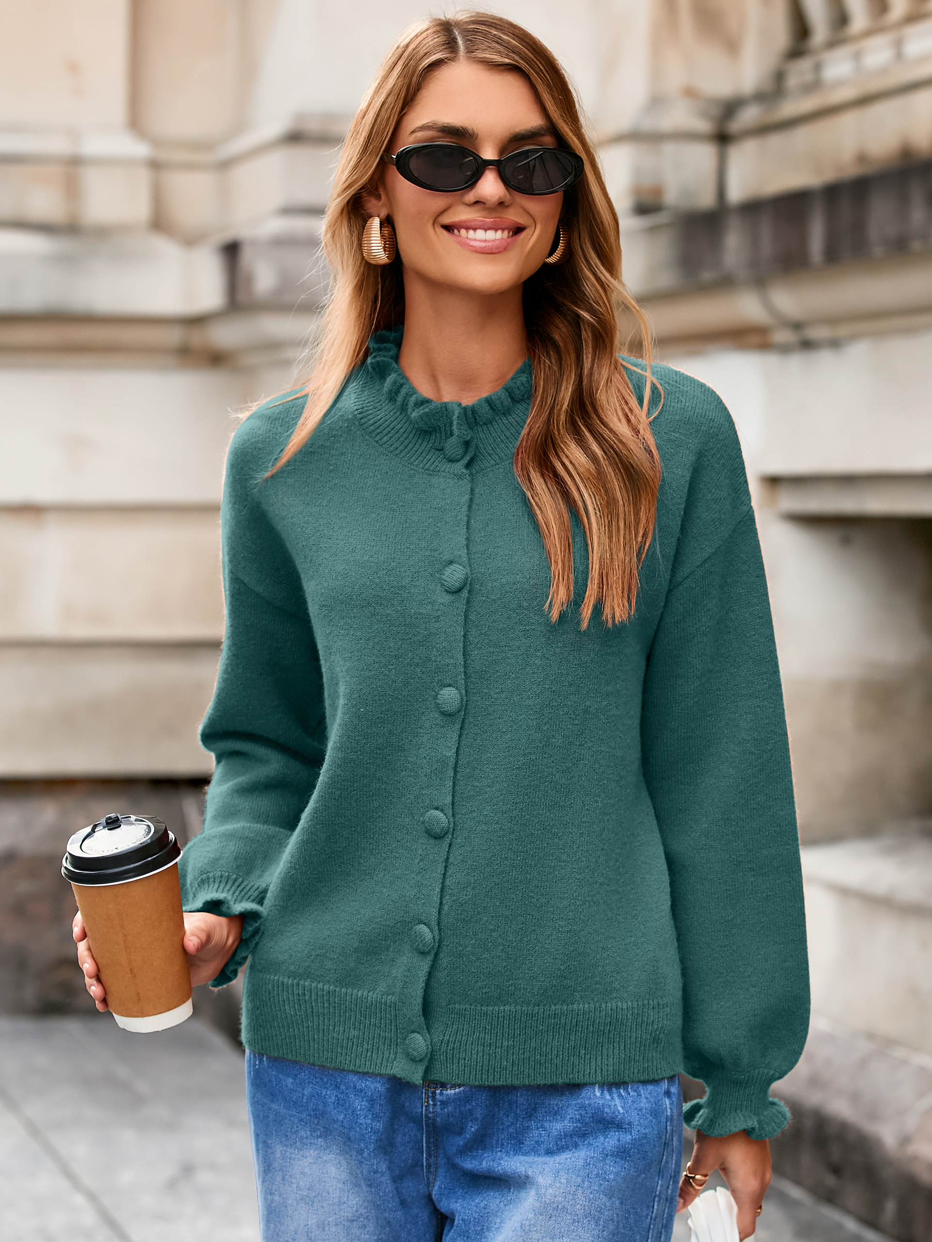 Ruffled Collar Mock Neck Button Cardigan