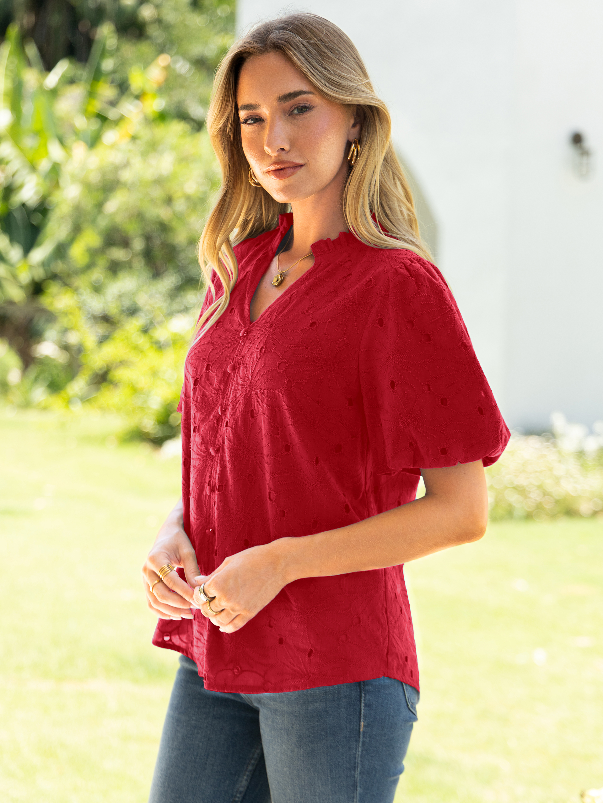 V Neck Eyelet Ruffle Button Up Puff Sleeve Top