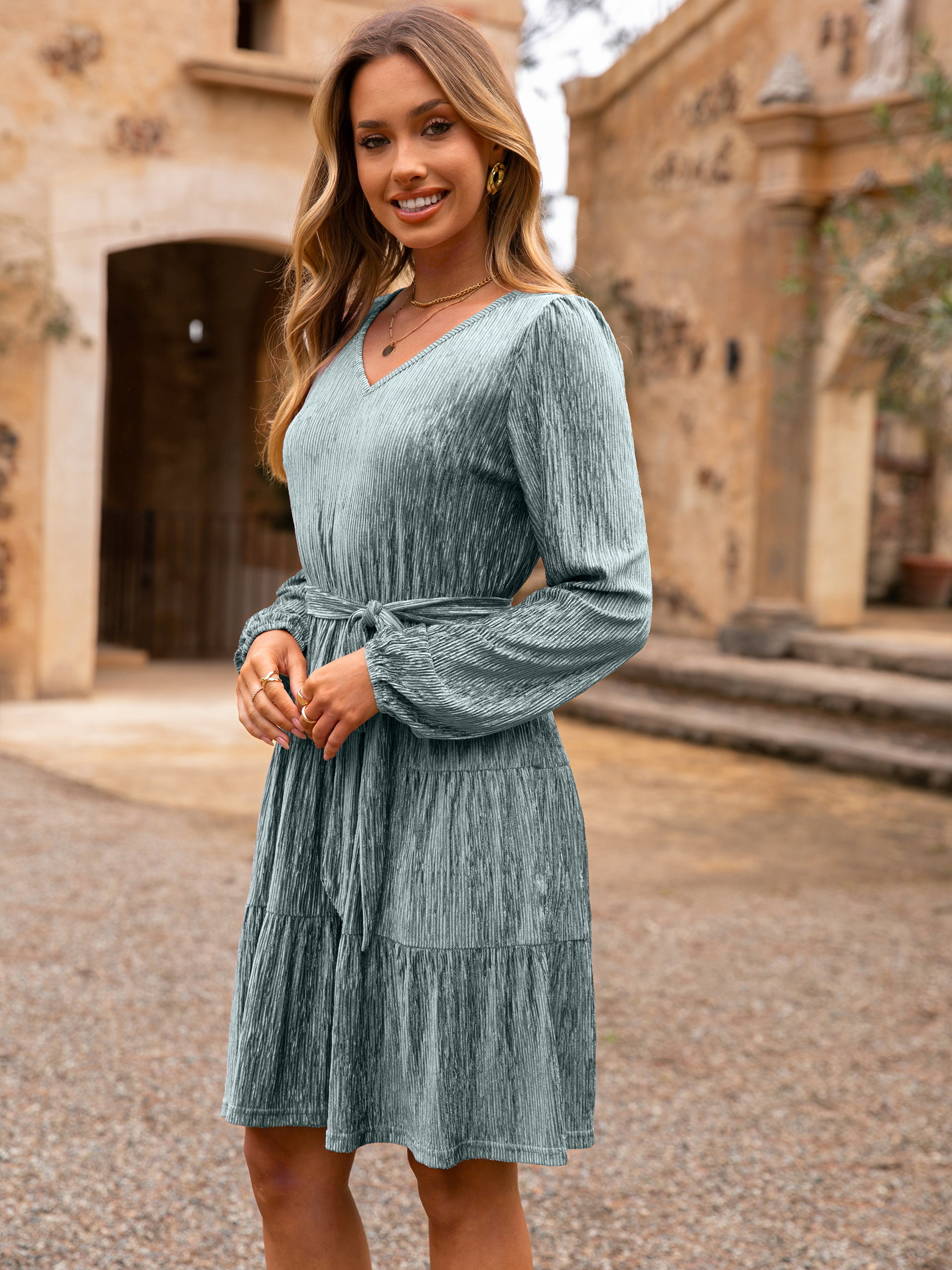 Velvet Long Sleeve V Neck Flowy Mini cocktail Dress