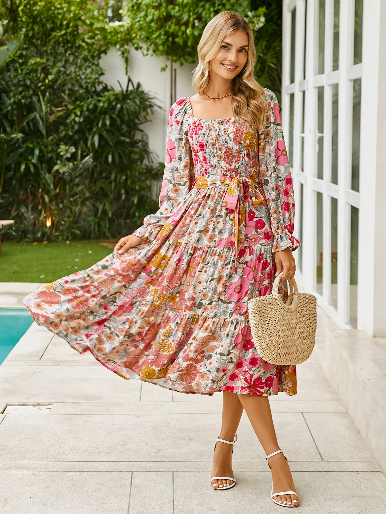 Floral Tiered Puff Sleeve Smocked Maxi Dress - Pink Floral