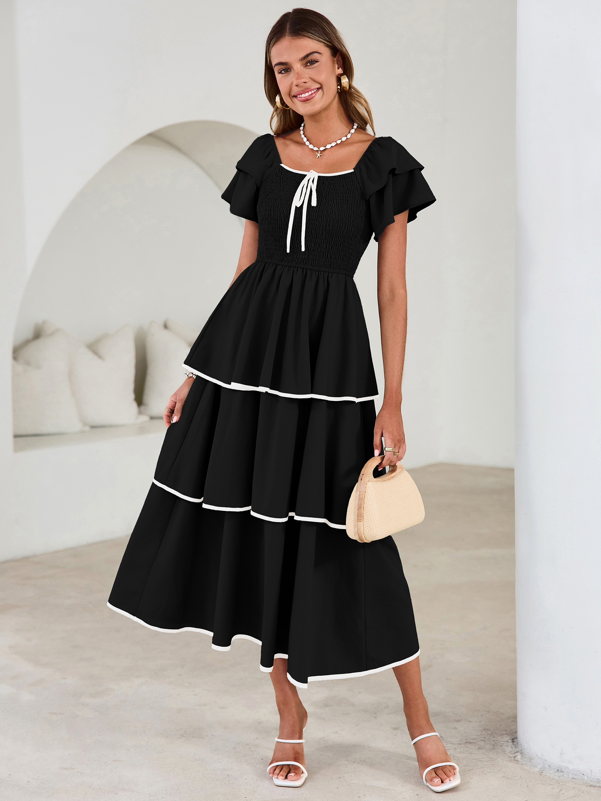 Ruched Off Shoulder Tiered Maxi Dress - Black