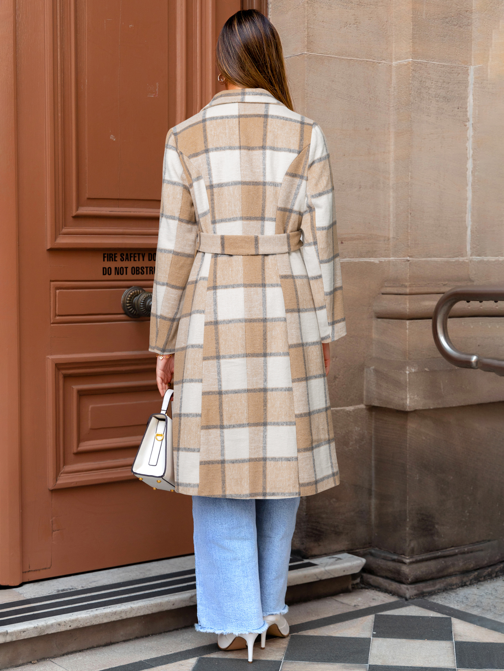 Plaid Belted Long Trench Coat with Lapel Collar