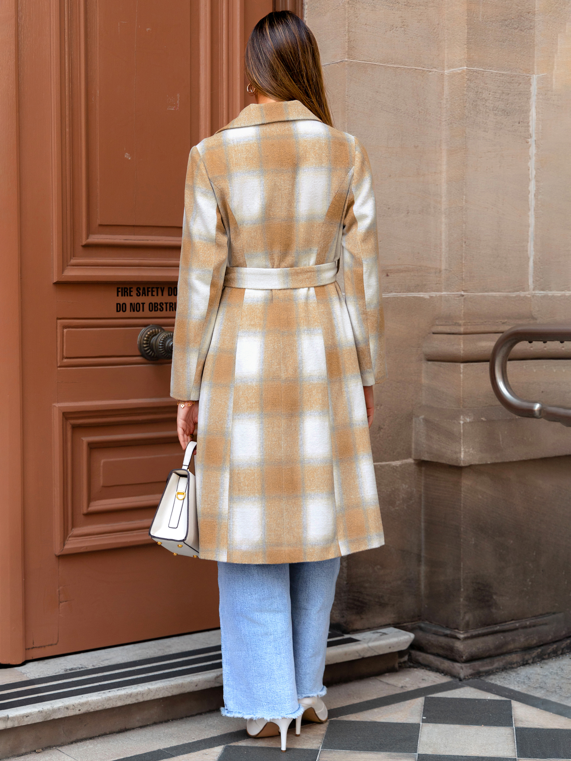 Plaid Belted Long Trench Coat with Lapel Collar