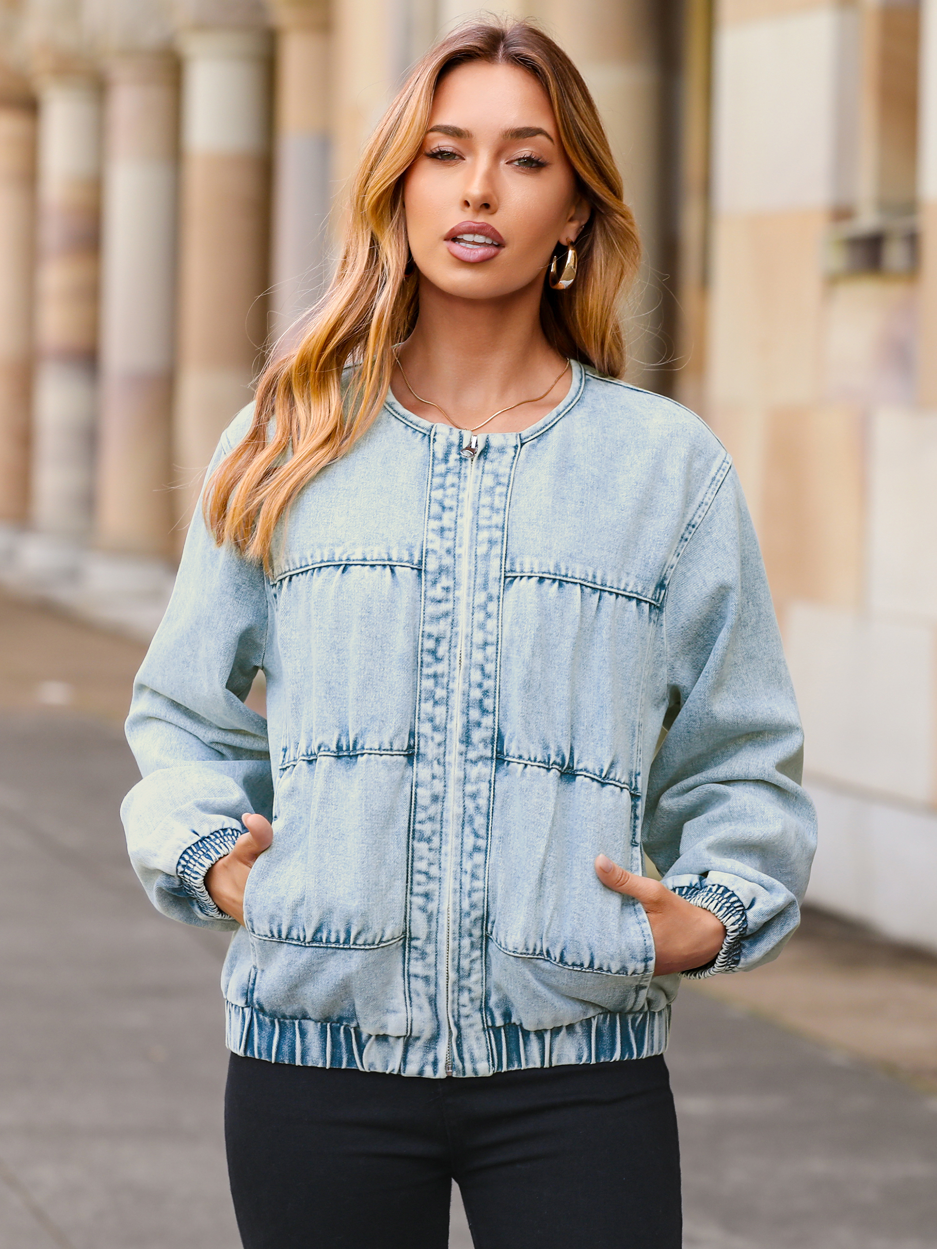 Loose Fit Zip Up Denim Bomber Jacket