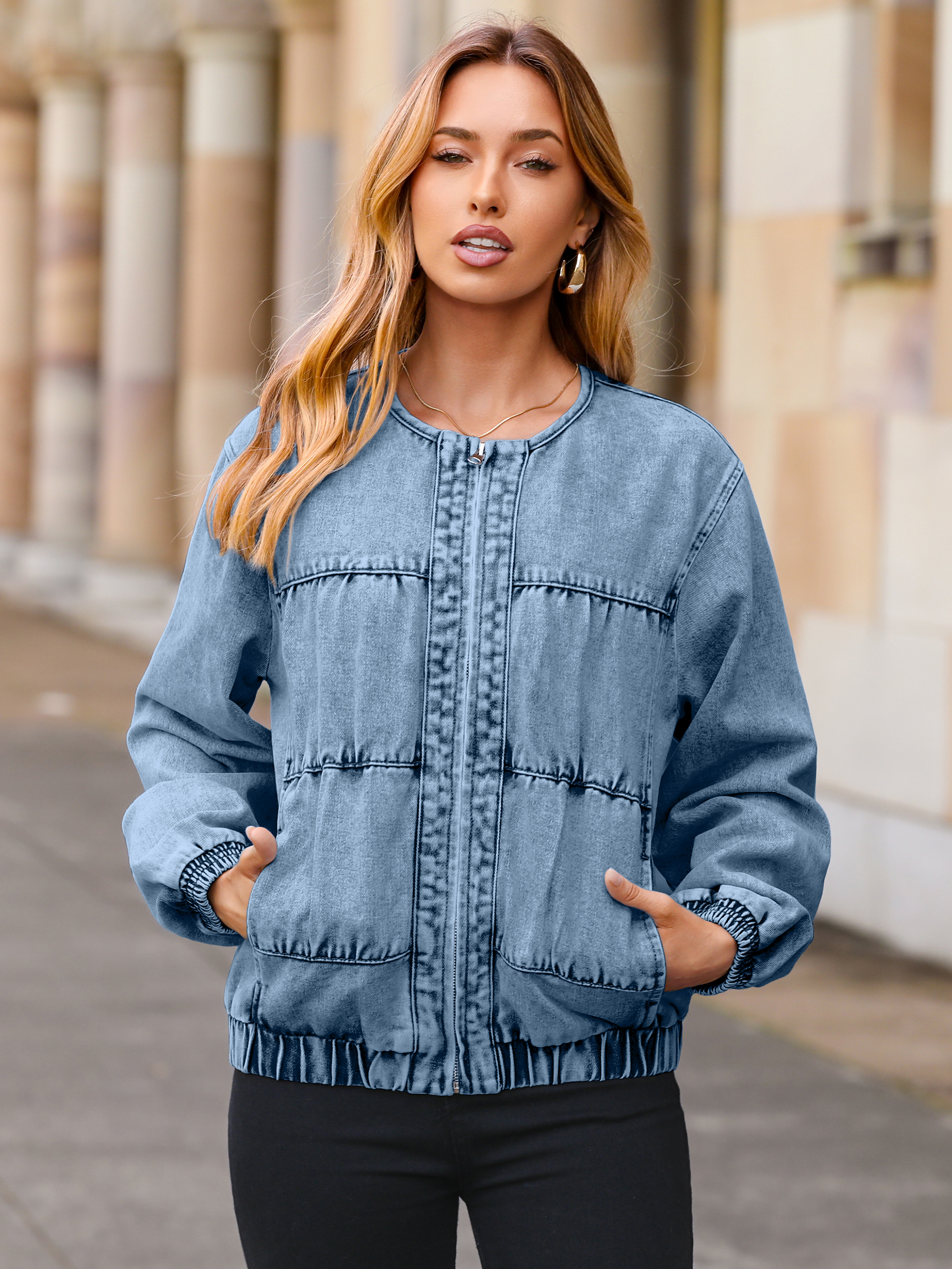 Loose Fit Zip Up Denim Bomber Jacket