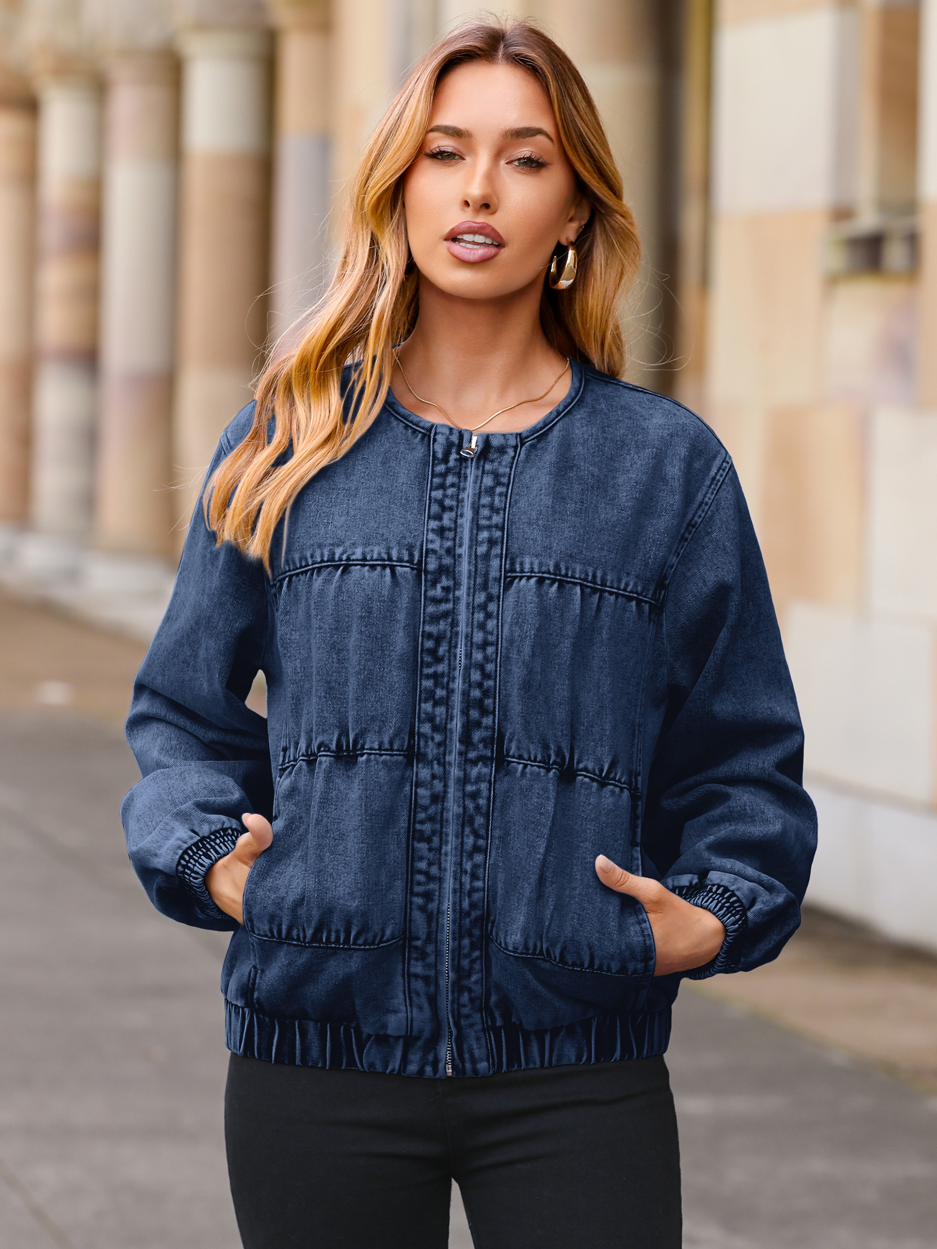 Loose Fit Zip Up Denim Bomber Jacket