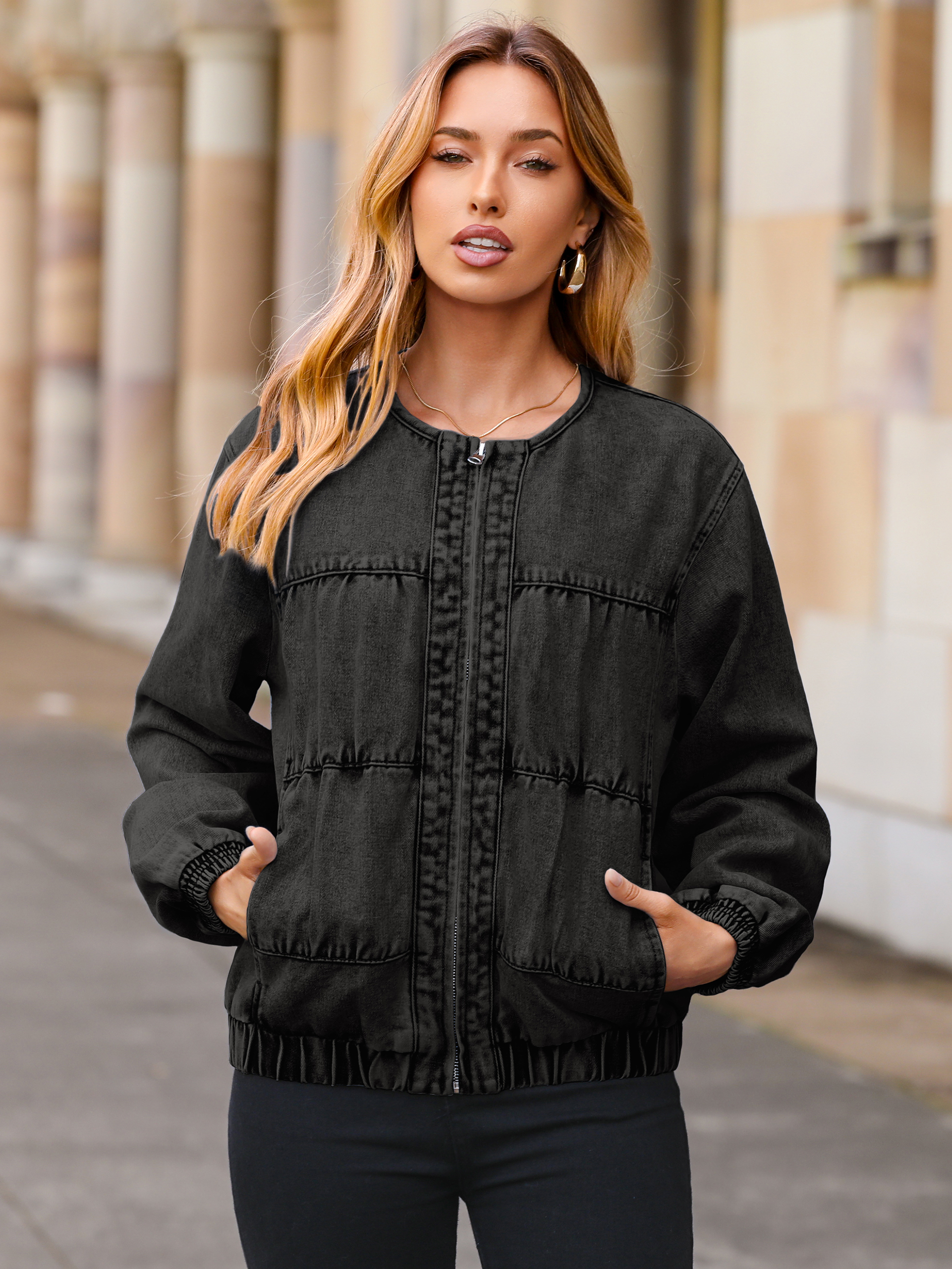 Loose Fit Zip Up Denim Bomber Jacket