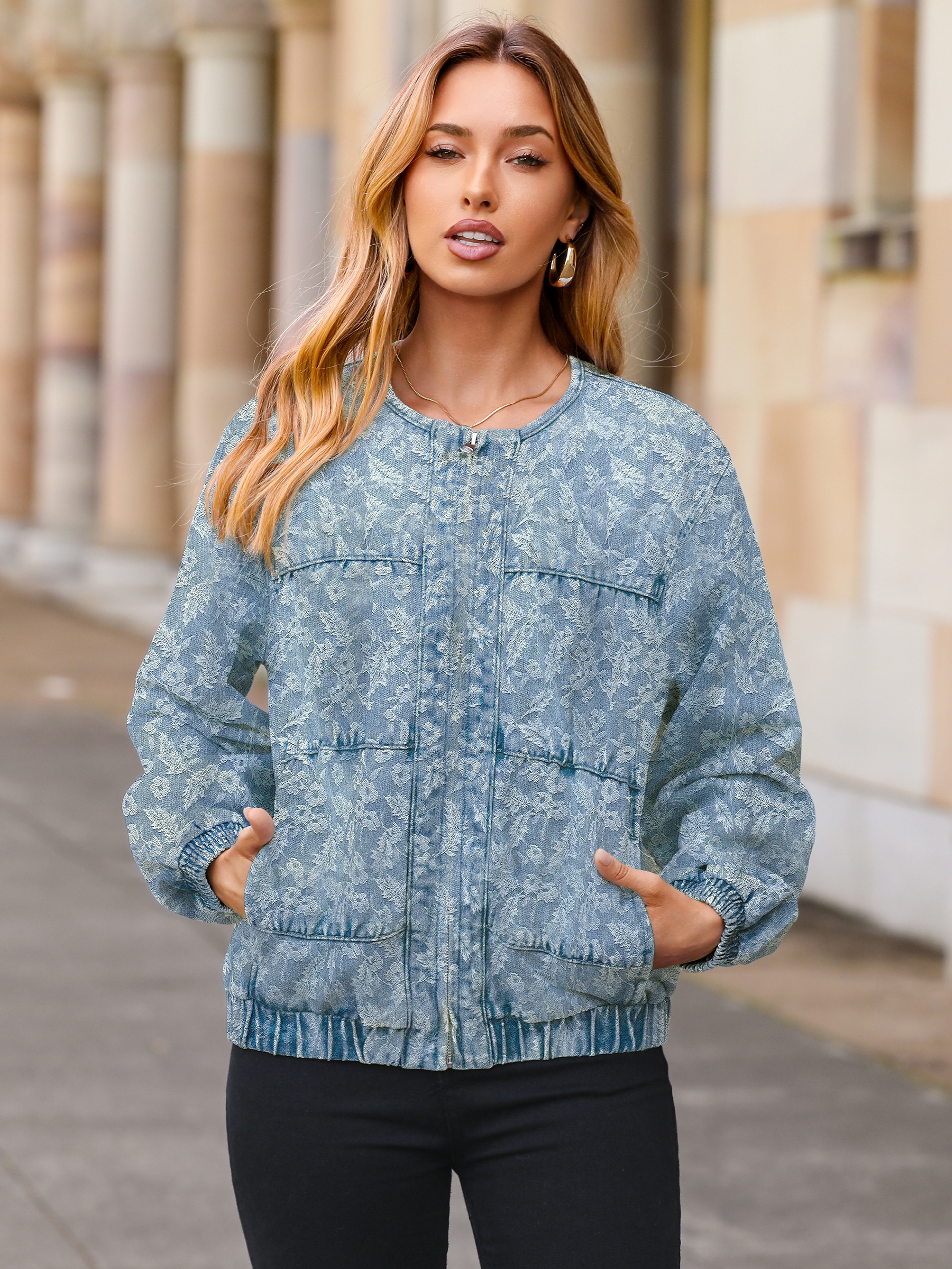 Loose Fit Zip Up Denim Bomber Jacket