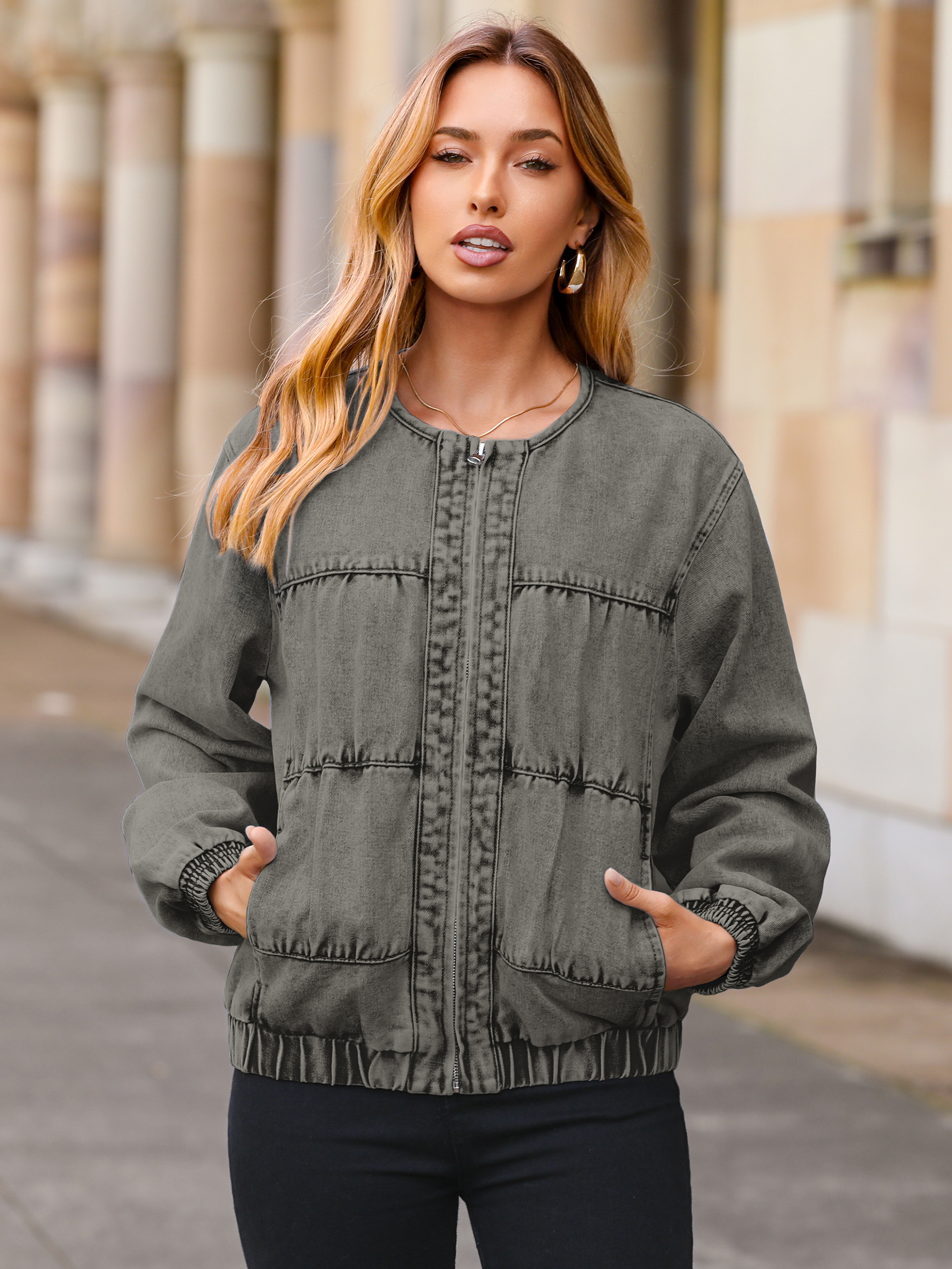 Loose Fit Zip Up Denim Bomber Jacket