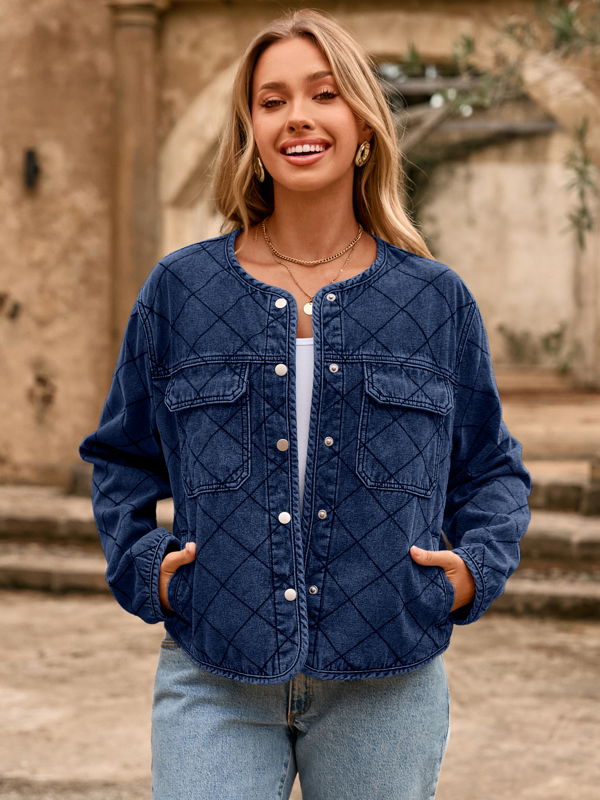 Button Crew Neck Quilted Diamond Denim Jacket