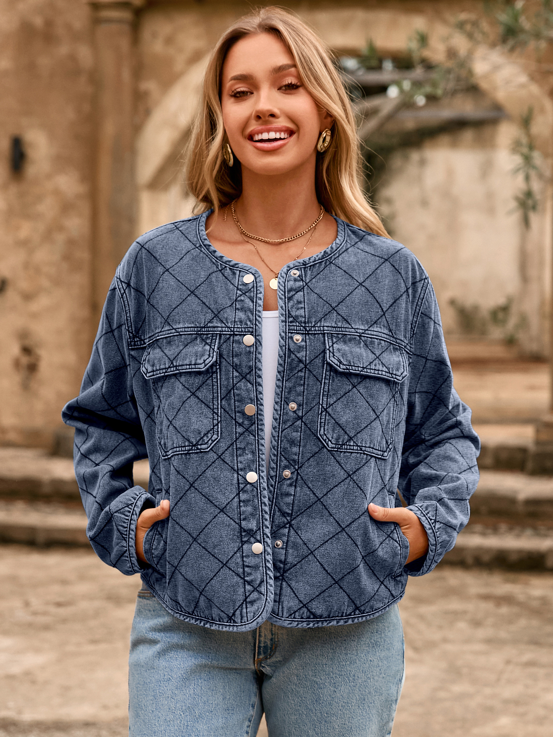 Button Crew Neck Quilted Diamond Denim Jacket